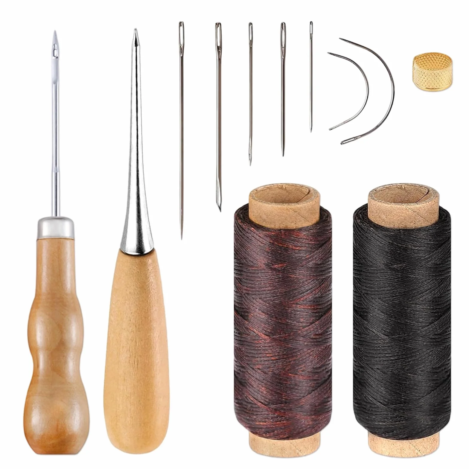 Kit da Cucito per Pelle: Set Completo con Filo Cerato, 7 Aghi, 2 Awl, e 1 Ditale - Perfetto per Riparazioni e Progetti in Pelle