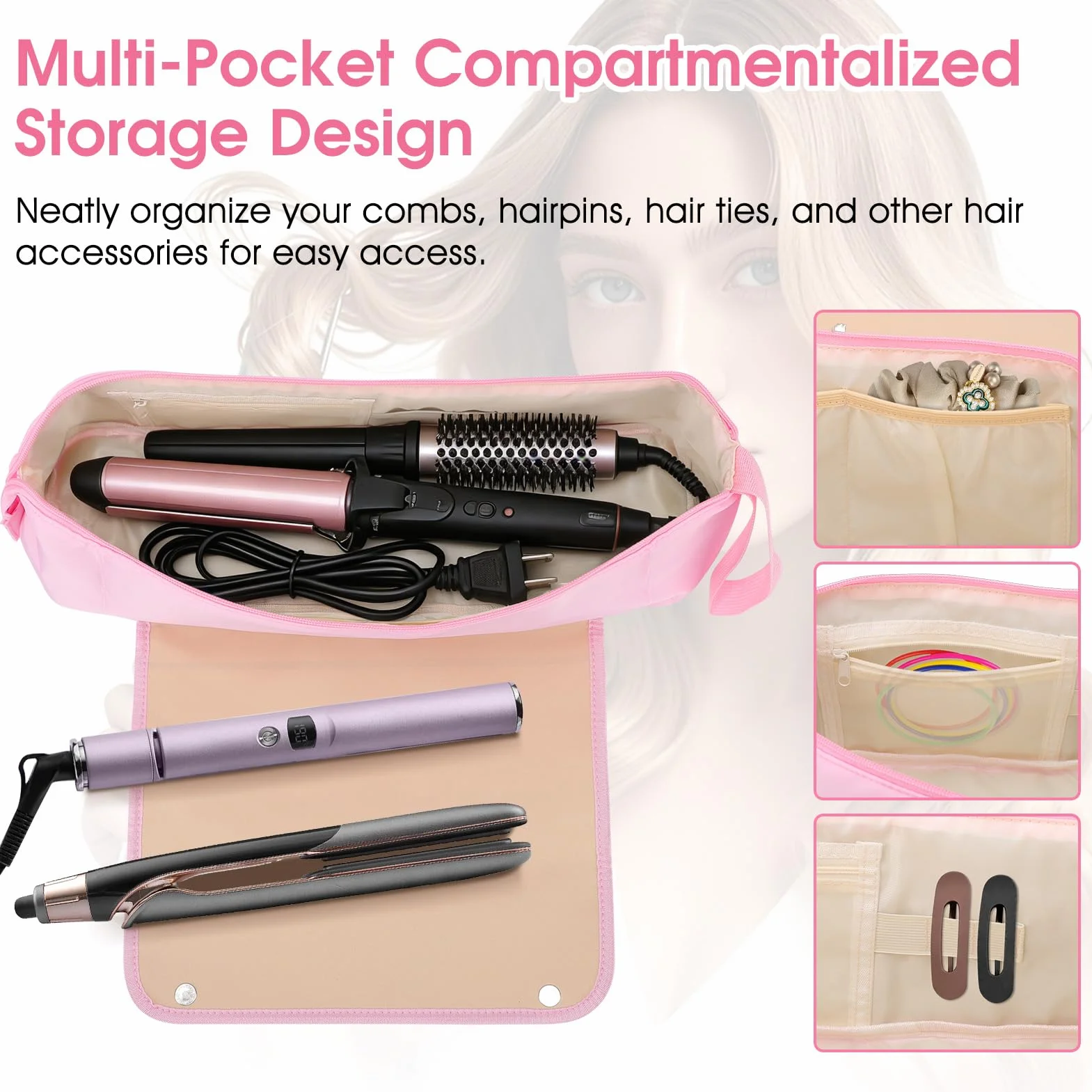Gugxiom Borsa da viaggio per acconciature con base resistente al calore, borsa 2 in 1, grande capacità per arricciacapelli, piastre per capelli, asciugacapelli e spazzole ad aria calda (rosa)