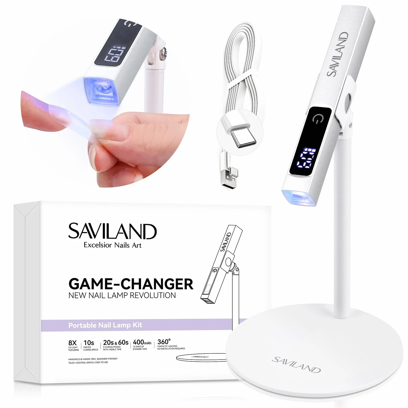 Saviland Mini Lampada UV LED Unghie, 12W Lampada per Unghie Senza Fili, con Supporto Magnetico e Schermo LCD, USB Ricaricabile e Portatile, Penna per Asciuga Unghie Salone di Casa