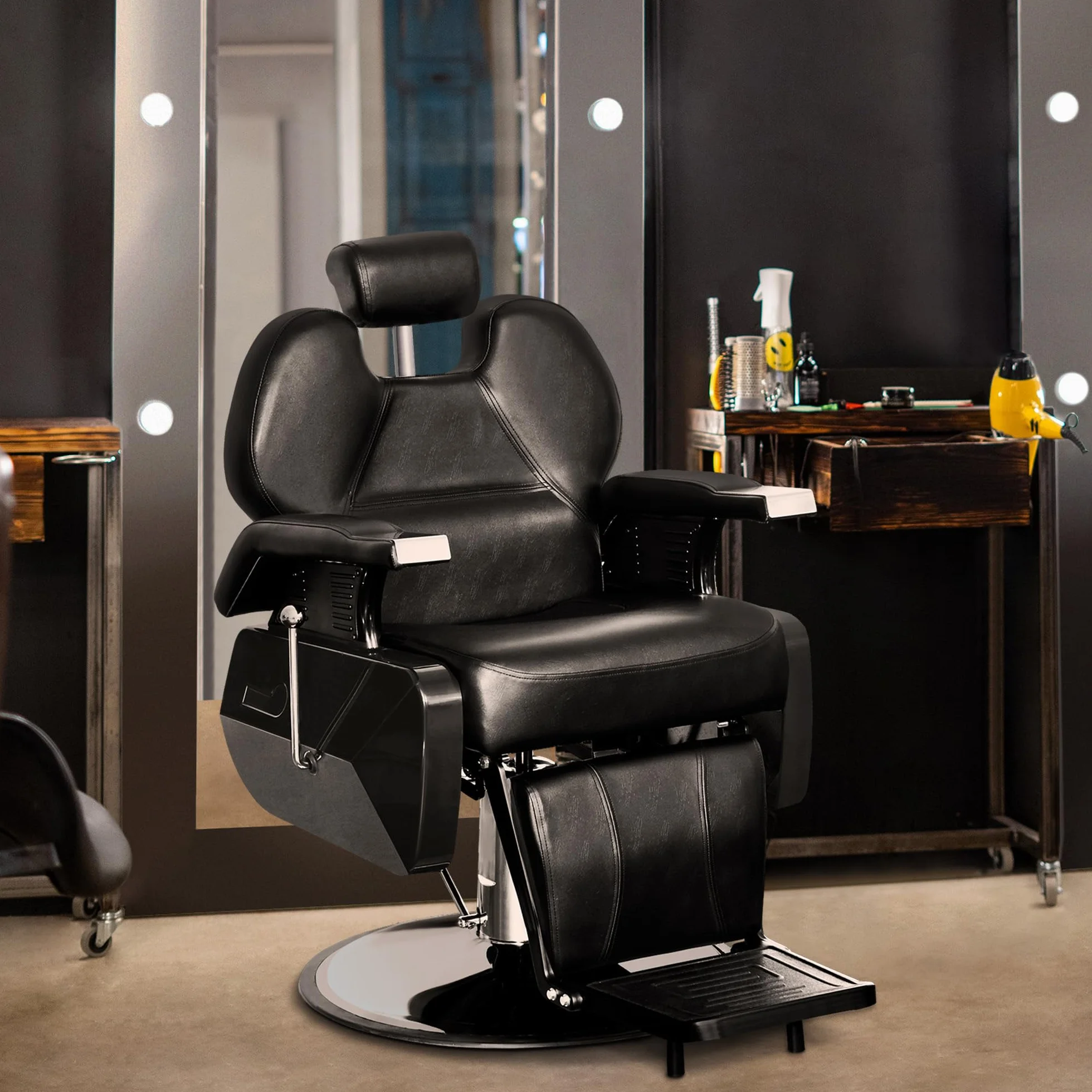 Barberpub Poltrona per parrucchieri Barberpub con poggiatesta, pompa idraulica, girevole a 360° e regolabile in altezza, similpelle, 2687BK
