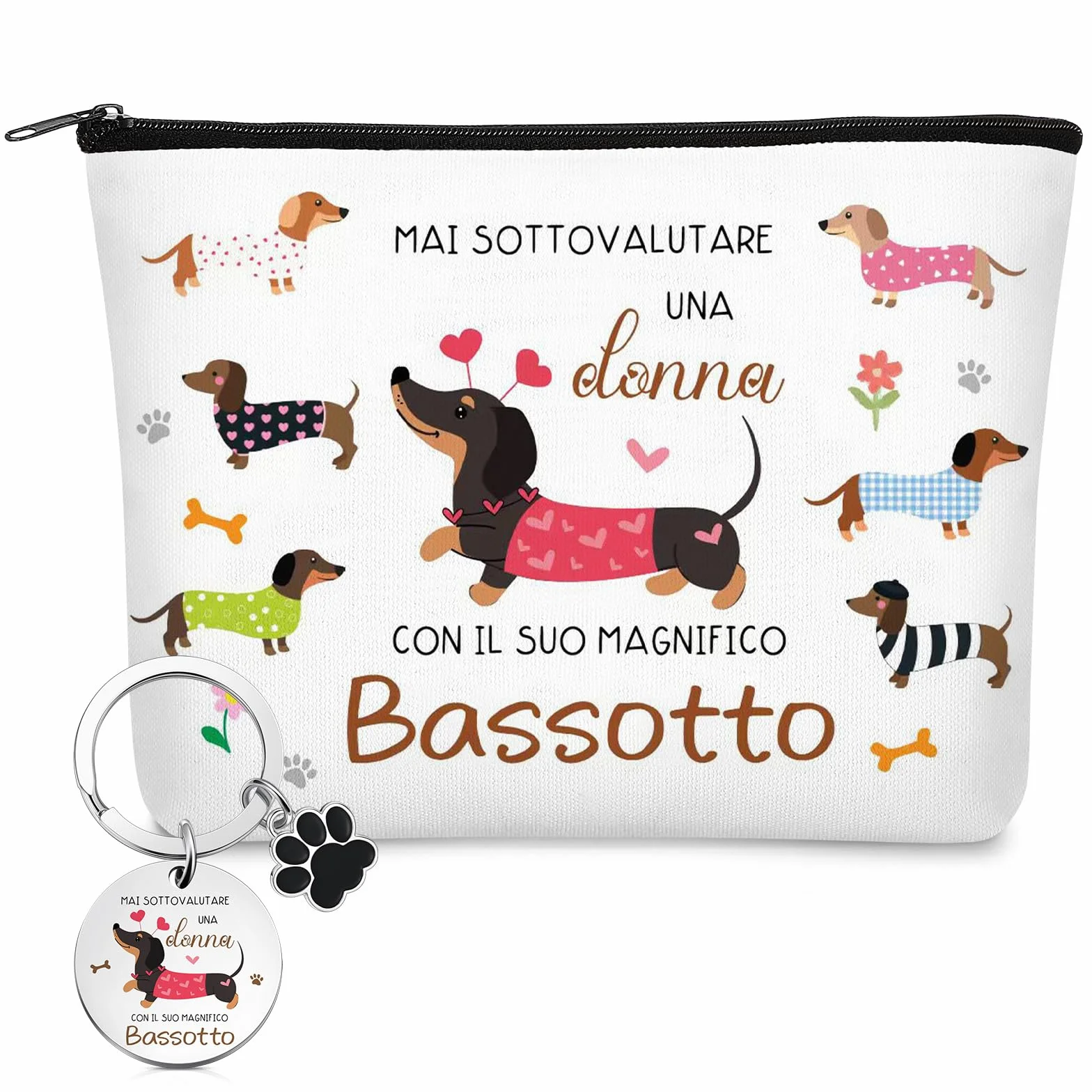 Xuniea Set Regalo Bassotto per Donna Borsa per Cosmetici con Cerniera di Bassotto Multifunzionale Grande Capacità Portachiavi Ideale per Viaggio Compleanno Natale Amica Fidanzata