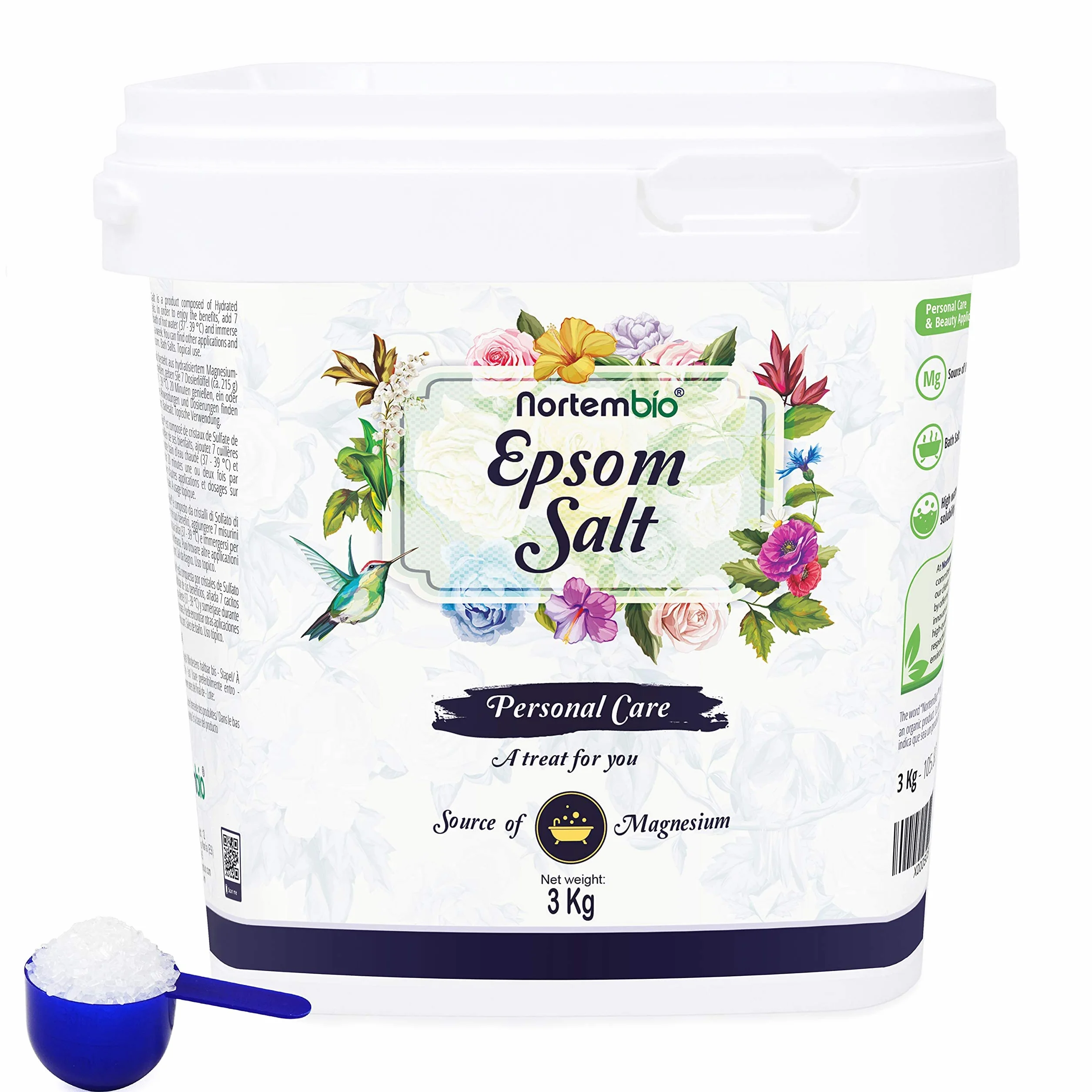 Nortembio Sale di Epsom (Solfato di magnesio) 3 kg – Sali da bagno, relax e recupero muscolare – Sali Epsom piedi – Pelle sensibile, esfoliante – 100% Naturale + eBook gratuito