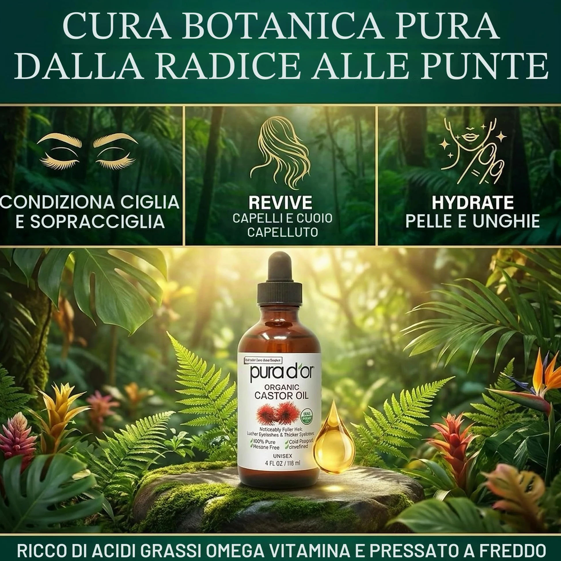 Pura D'Or Olio di ricino (118 ml) 100% puro olio naturale per crescita di peli, sopracciglia, ciglia Olio senza esano pressato a freddo per idratare e curare la pelle secca