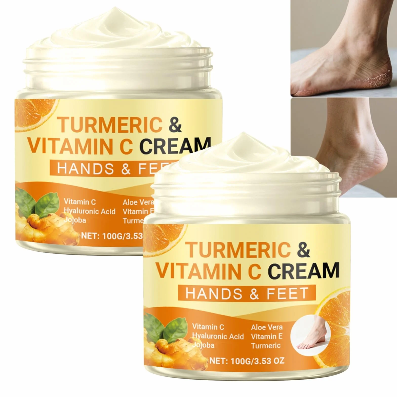 Curcuma Vitamina C Crema Mani e Piedi, Lozione Piede Idratante Profonda per Tacchi Secchi, Cracked e Pelle Ruvida, Estratto Nutriente di Aloe Vera Formulato, Crema Ripristinante Illuminante (2PCS)