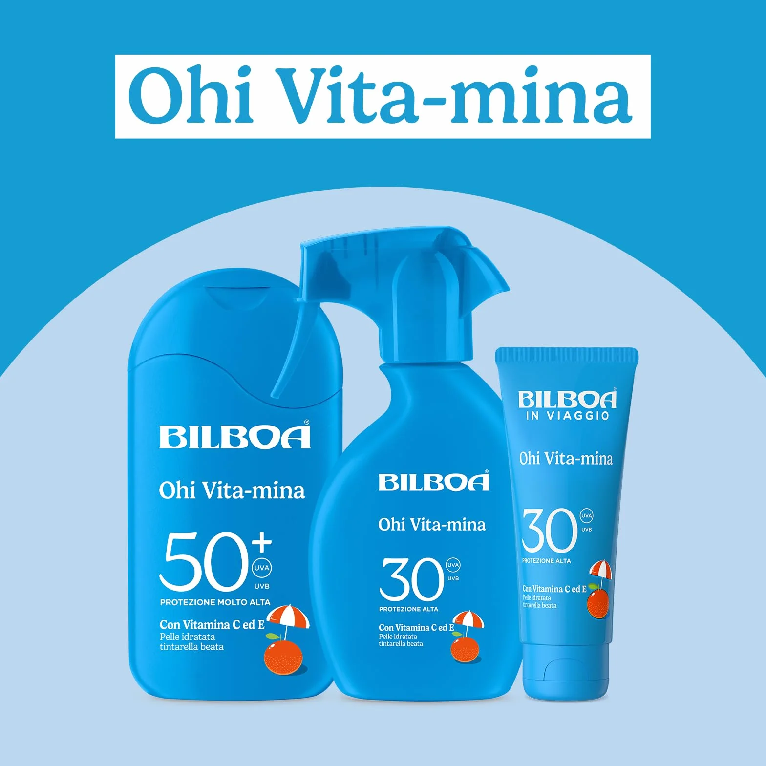 Bilboa Ohi Vita-Mina Latte Solare SPF 50+ Crema Solare con Vitamina C, Vitamina E e Niacinamide, Resistente all'Acqua, 200 ml