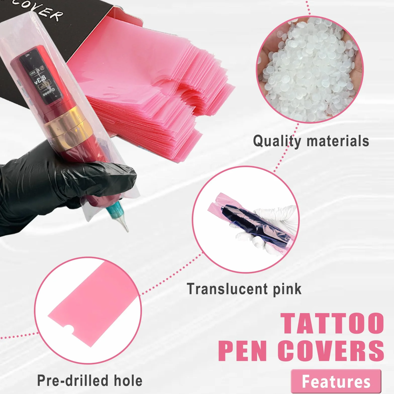 Coperture per Macchinette per Tatuaggi con Nastri di Presa - LEAYOKA 4 pezzi (5cmx4.5m) Tattoo Grip Tapes con 200 pezzi (6.5cmx18cm) Rosa Coperture Monouso per Macchine per Tatuaggi