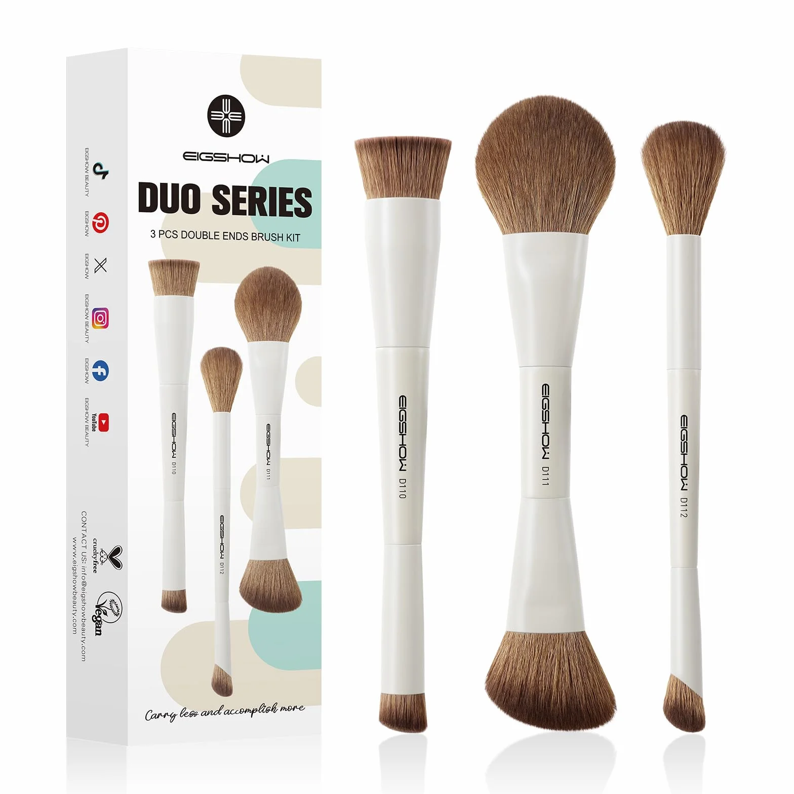 EIGSHOW Set di Pennelli per Trucco, Set Pennelli Make Up da 3 Pezzi, Set Pennelli Trucco con Due Estremità, Viso in Fibra Sintetica Morbida, Adatti per Polveri Liquide e Cremose, Beige