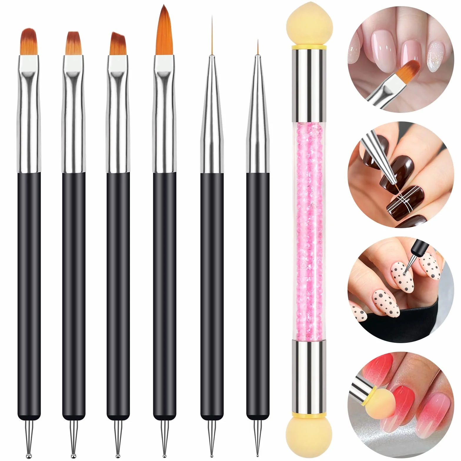 Pennelli Nail Art Set di Pennelli, 6 Pezzi Pennelli e Spugna di Pennellino, per Unghie in Gel per Disegnare DipingereLlinee e Fiori per Nail Art per Il Design Delle Unghie