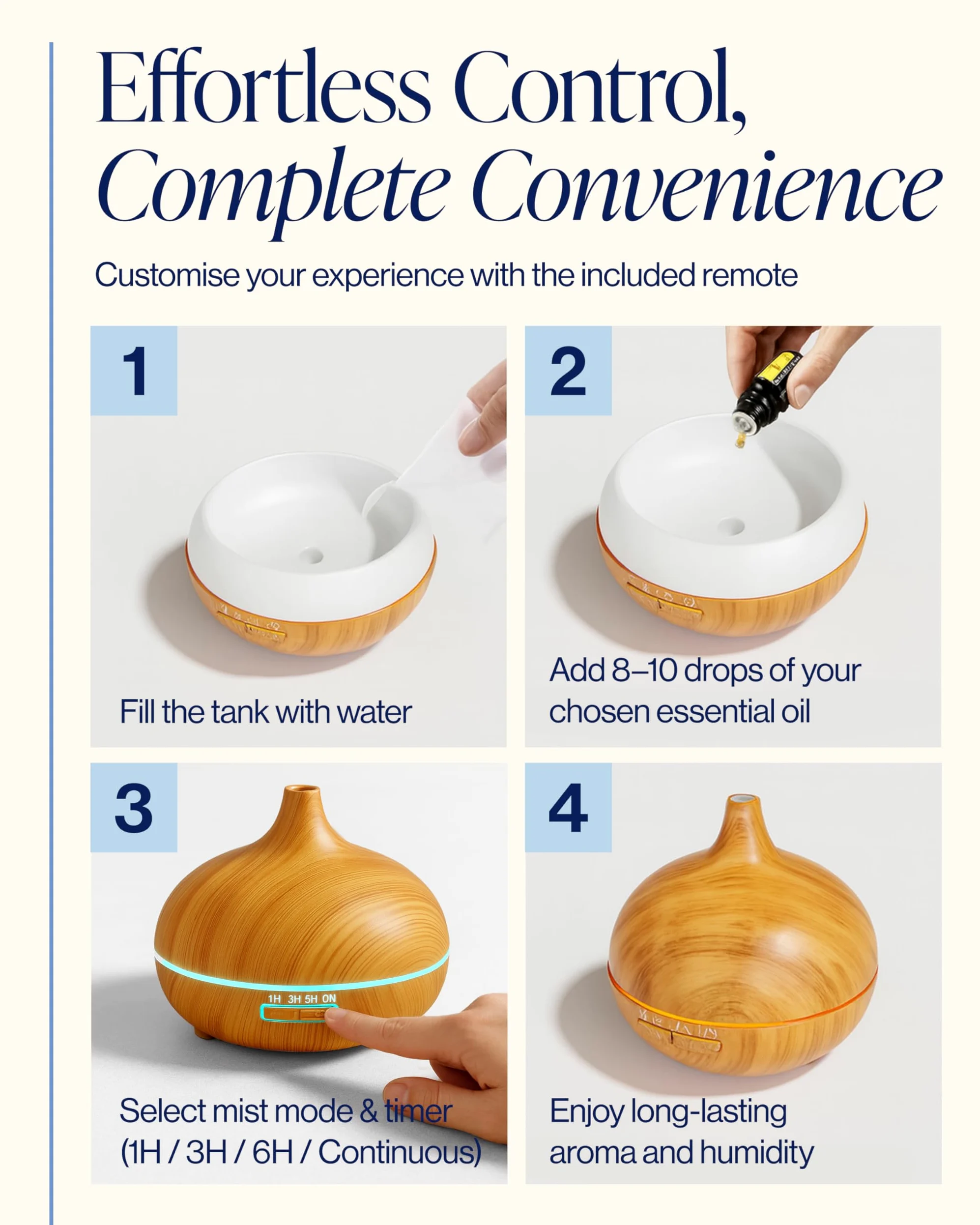 Nest & Nibble Diffusore di oli essenziali da 500 ml e 8 oli, diffusore di aromi a ultrasuoni a nebbia fredda, telecomando, luce LED, umidificatore per casa, camera da letto, ufficio, spa e benessere