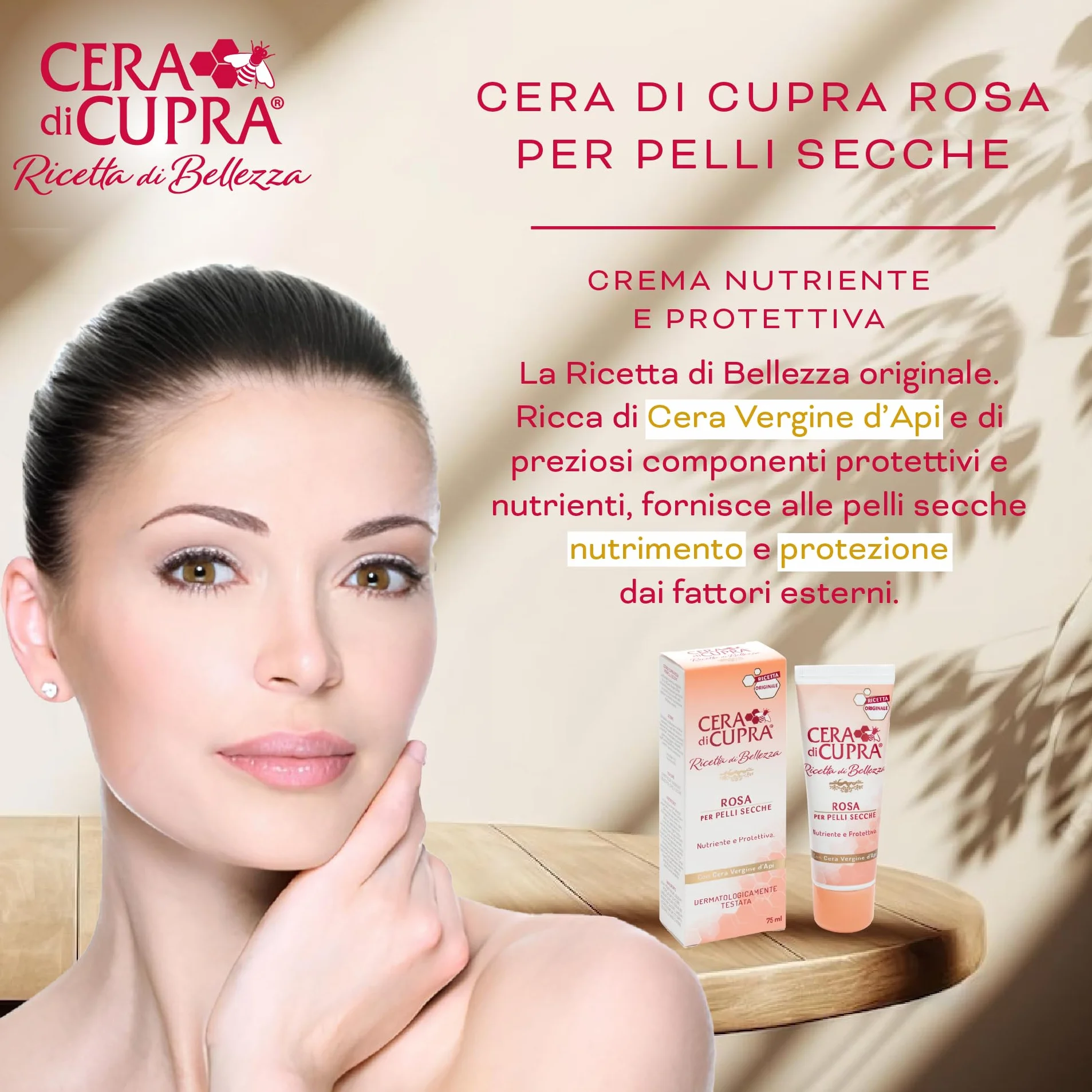 Cera di Cupra, Crema Rosa Formulazione Tradizionale, con Cera Vergine d'Api, Ricca di Componenti Protettivi, ad Azione Antietà, Made in Italy, Dermatologicamente Testata, Tubetto da 75 ml