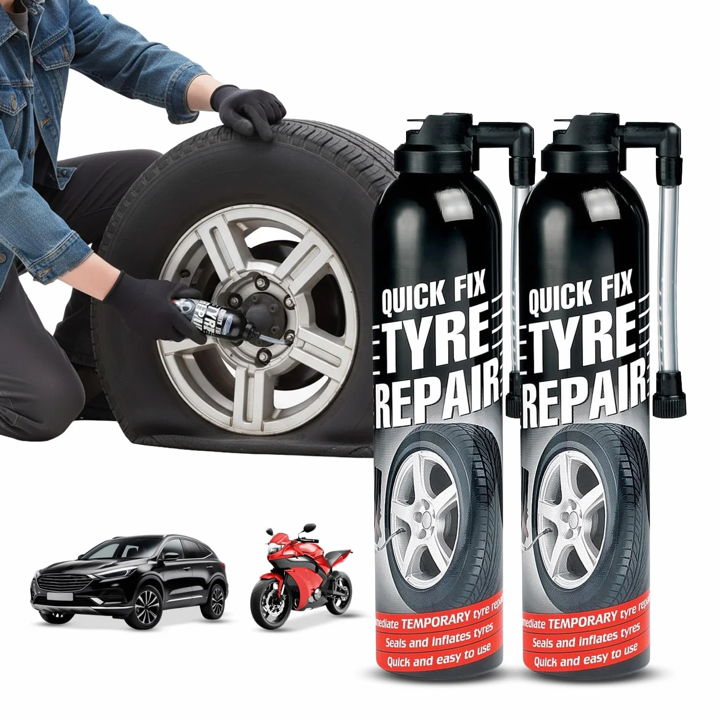 Avilia - Kit Spray 2/4/6 Gonfia e Ripara Pneumatici Auto/Moto – Spray Sigillante 2 in 1 – Ripara Gomme Foratura di Emergenza – Senza Cambio Ruota, Cric o Chiave Inglese – Riparazione Rapida (2)