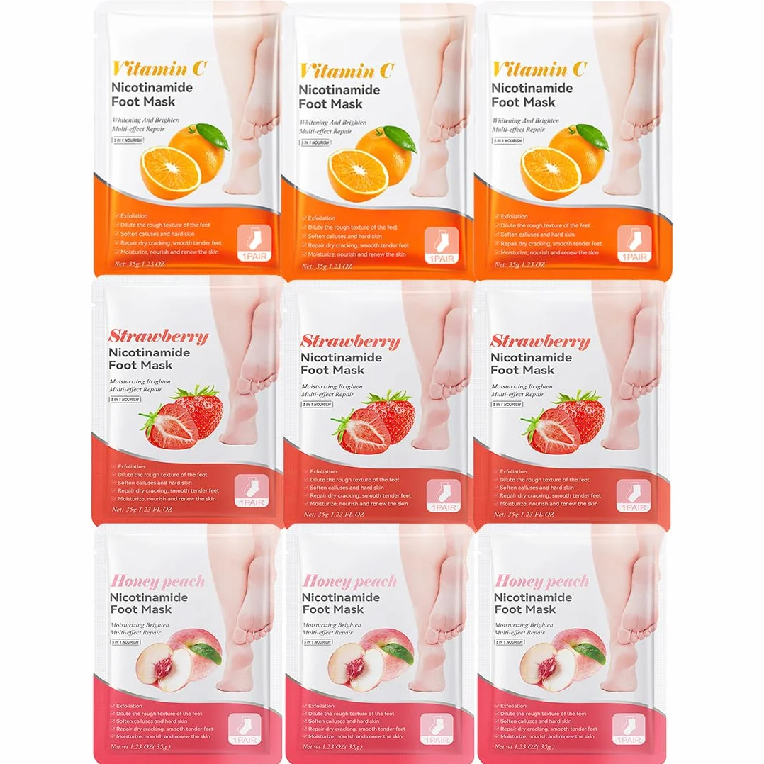 IKOPFLN 9 Paia di Maschera Piedi Esfoliante,Maschera Piedi Idratante,Per Secchi e Screpolati Cura dei Piedi(Pesca +Arancia + Fragola)