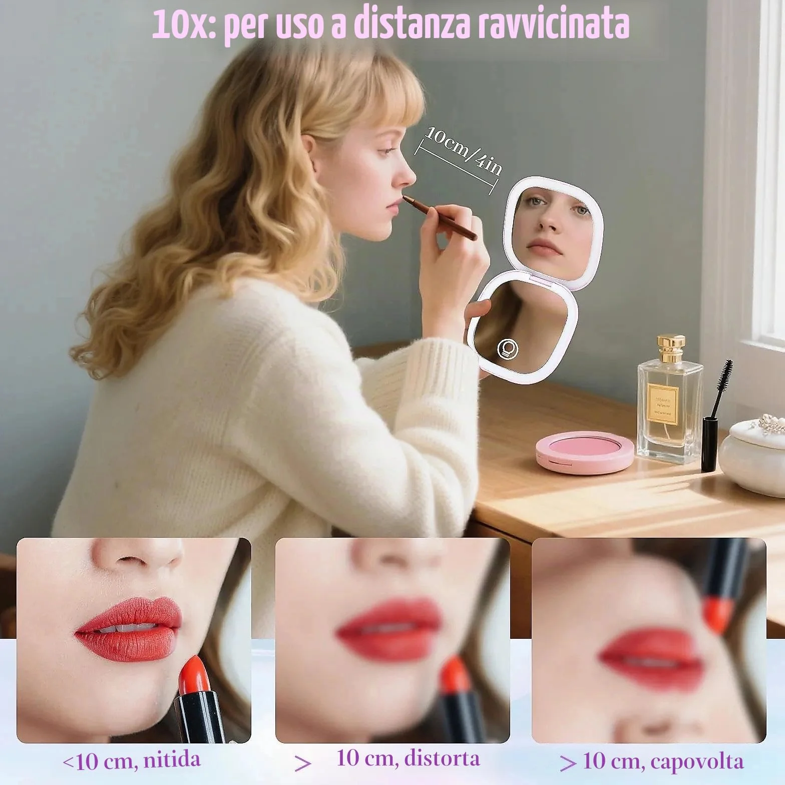 Collazoey LED Specchio Ingranditore, 1X/10X Specchietto da Borsetta, Chargement par USB, 3 Luci Regolabile Portatile Specchio da Viaggio, Interruttore Magnetico Pieghevole Piccolo Mirror (Viola)