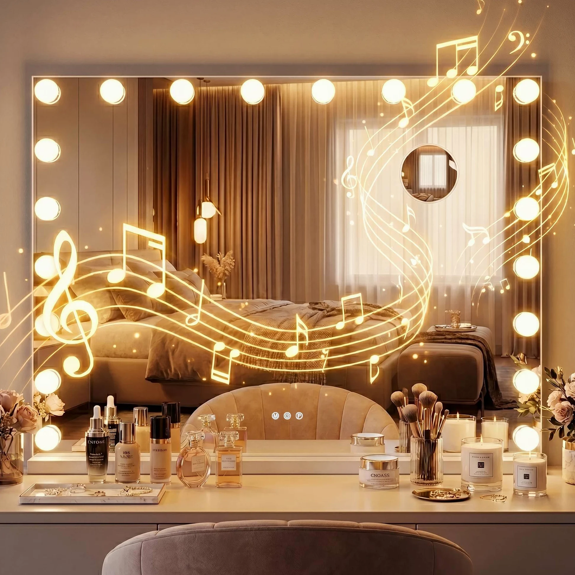 CLP Specchio Trucco LED Norlina 80x60 cm, Hollywood, Altoparlanti Bluetooth, Porta USB, da Parete/Tavolo, Colore:bianco, Contenuto del set:con Bluetooth