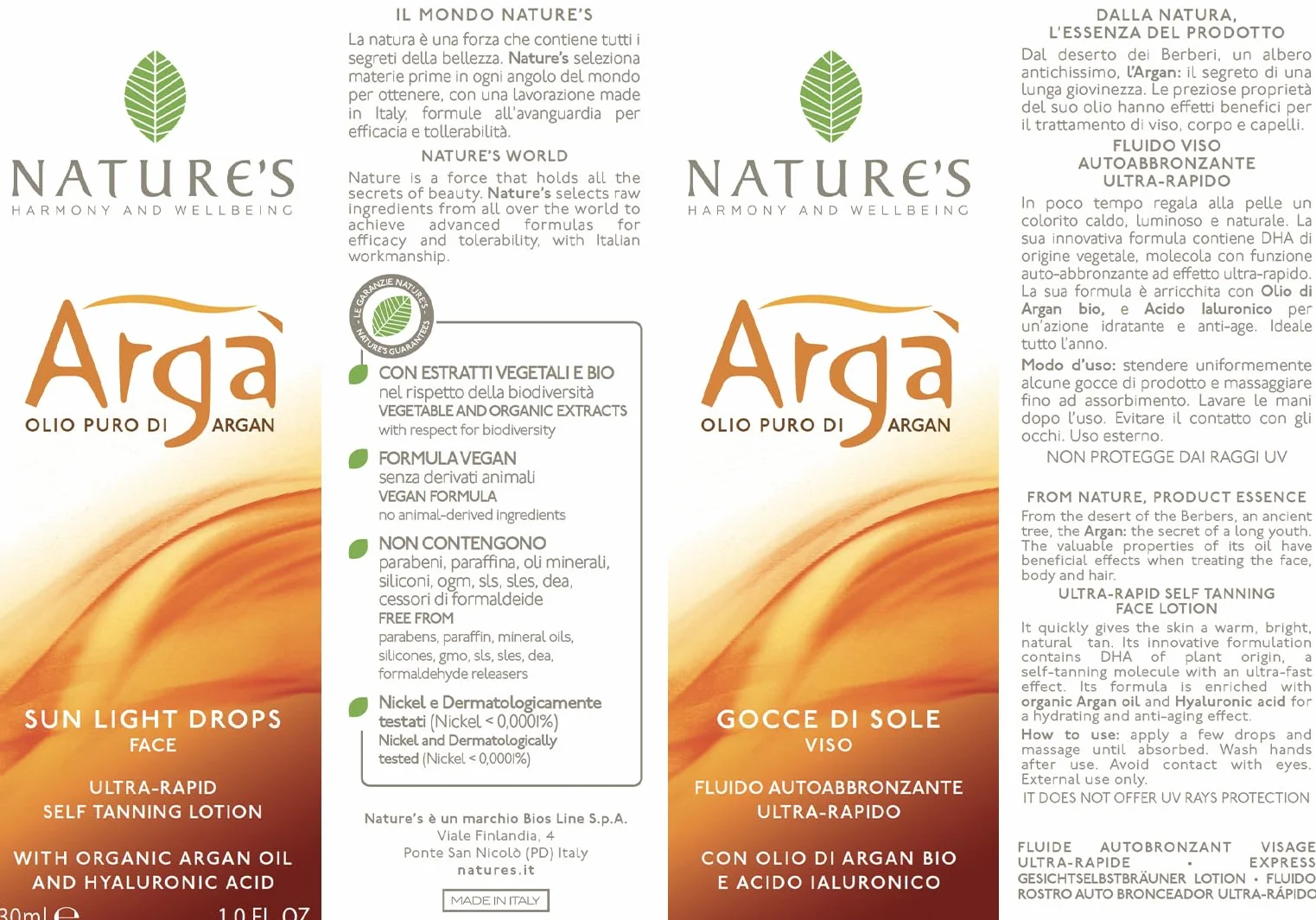 NATURE'S Argà, Gocce di Sole Viso, Fluido Autoabbronzante per un Colorito Luminoso e Naturale, Azione Rapida, con Olio di Argan e Acido Ialuronico, 30 ml