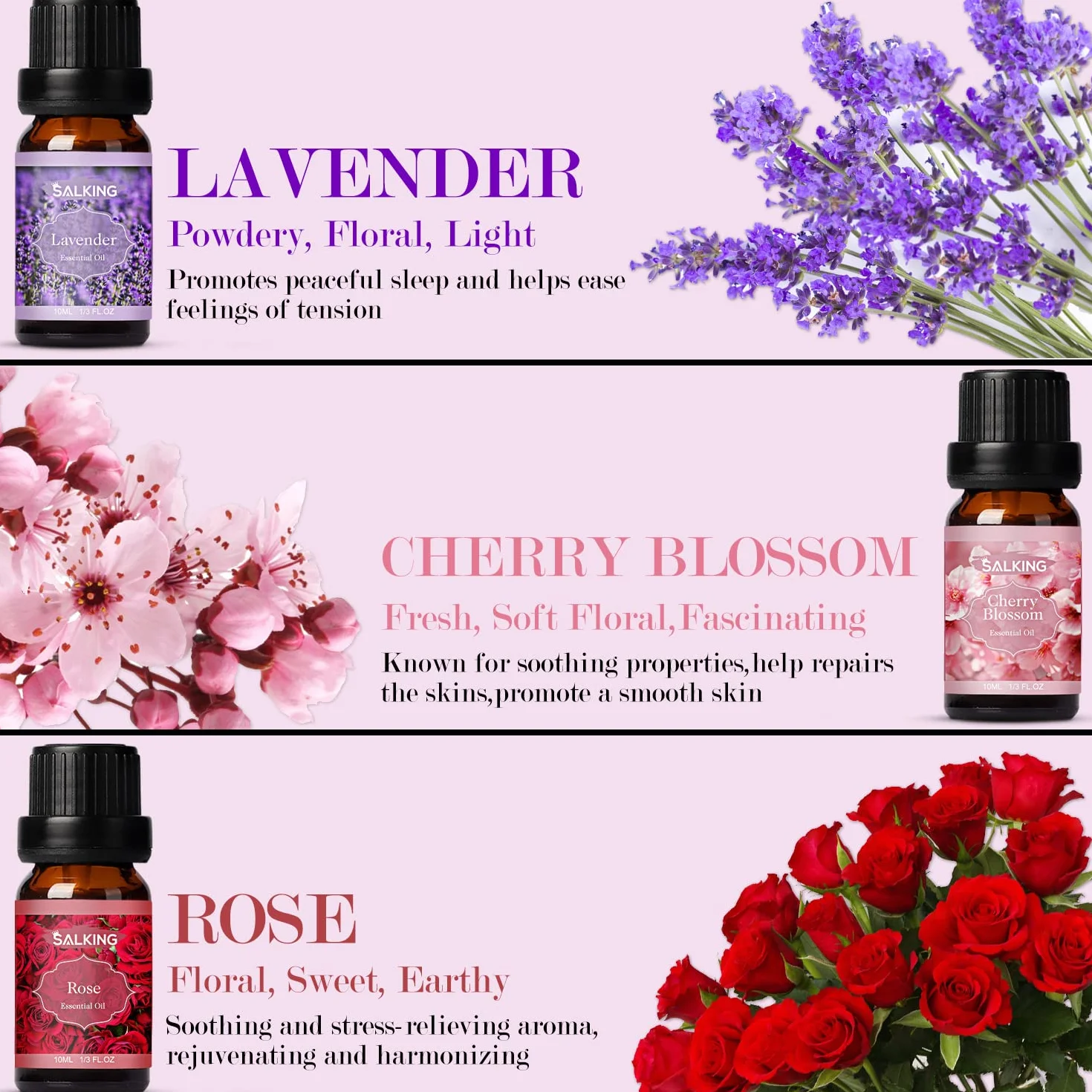 Oli Essenziali Floreale per Diffusori 6x10ml, Set di Olio Essenziale Puri - Lavanda, Gelsomino, Rosa, Fiore di Ciliegio, Gardenia, Camomilla