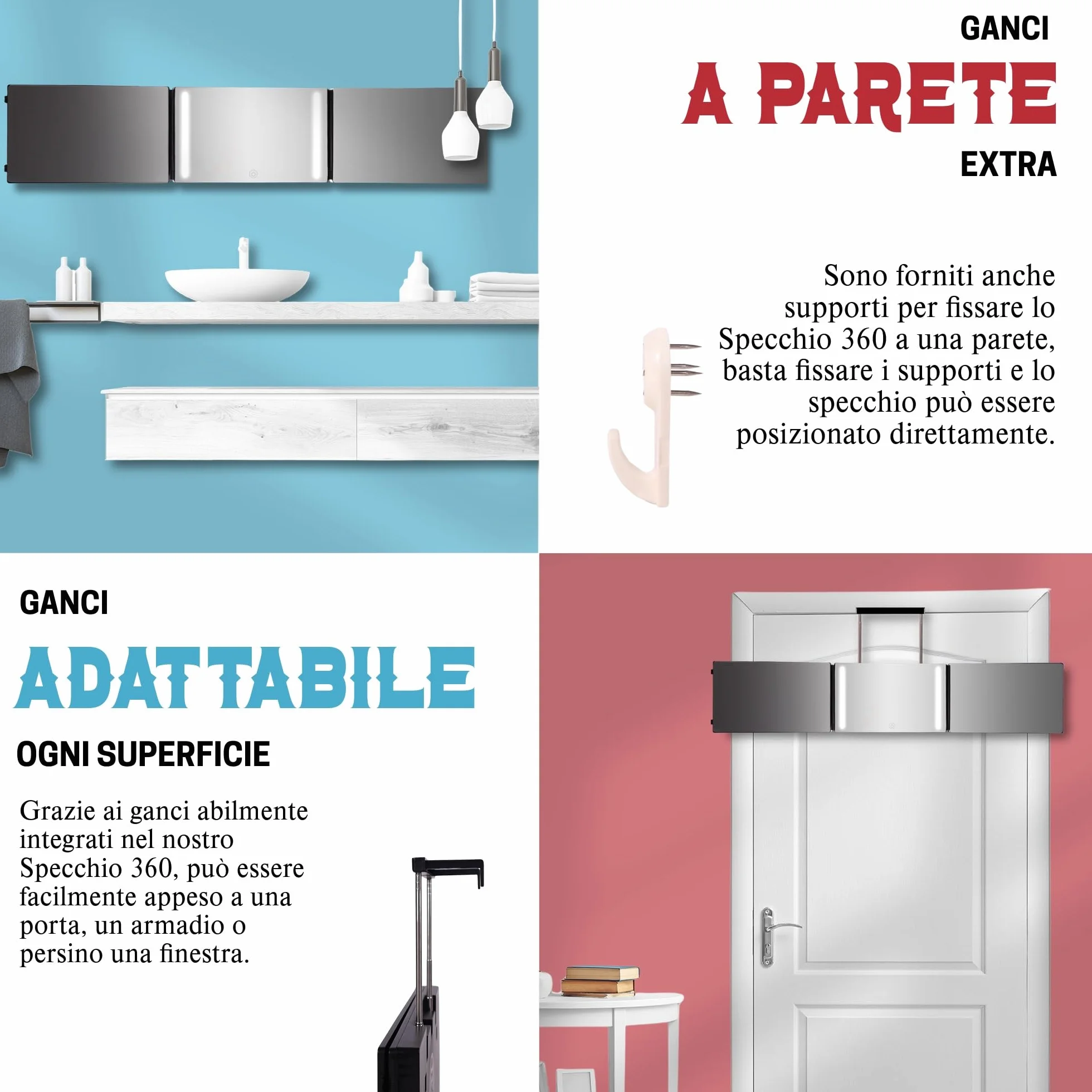Specchio da taglio a 360 gradi 3 lati pieghevole per barbiere con LED e altezza regolabile