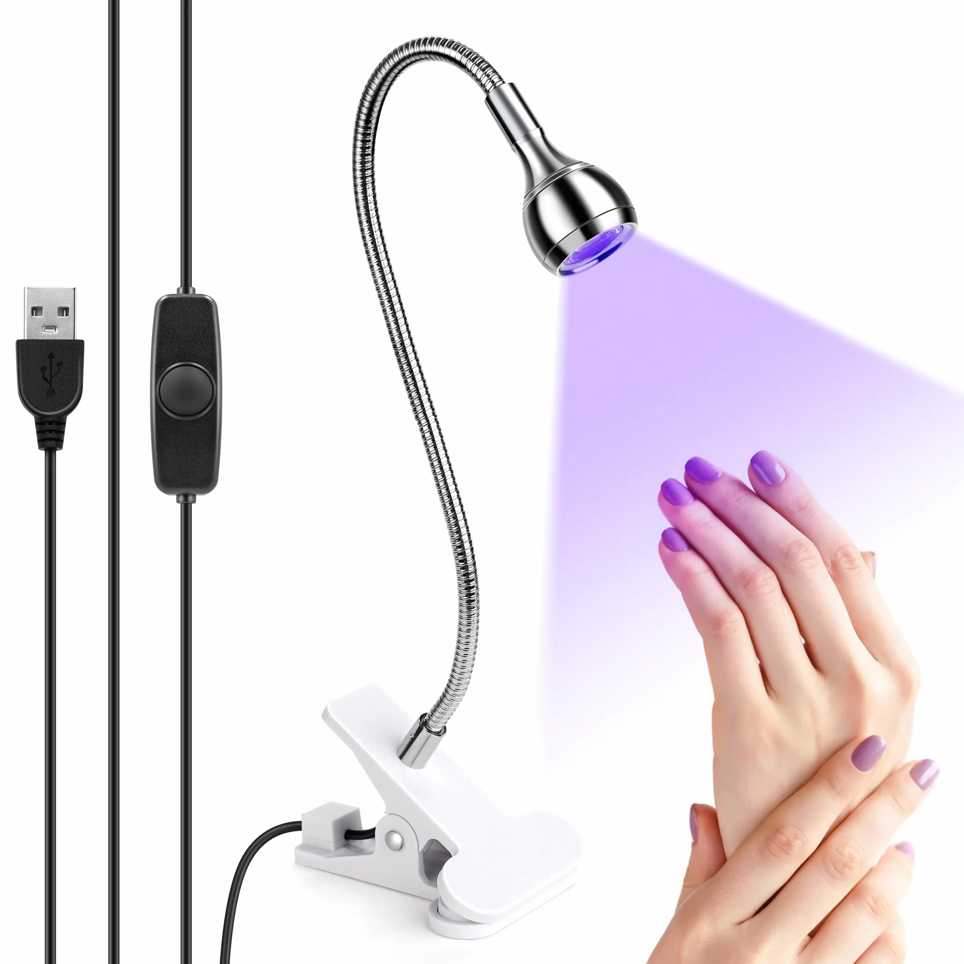 5W da Lampada LED UV per Gel Unghie, Luce LED per Unghie con Collo di Cigno Flessibile e Clip con Fusibile, Piccola Macchina per Asciugare le Unghie e Indurire il Gel con Lampada UV Rotante, Argento.