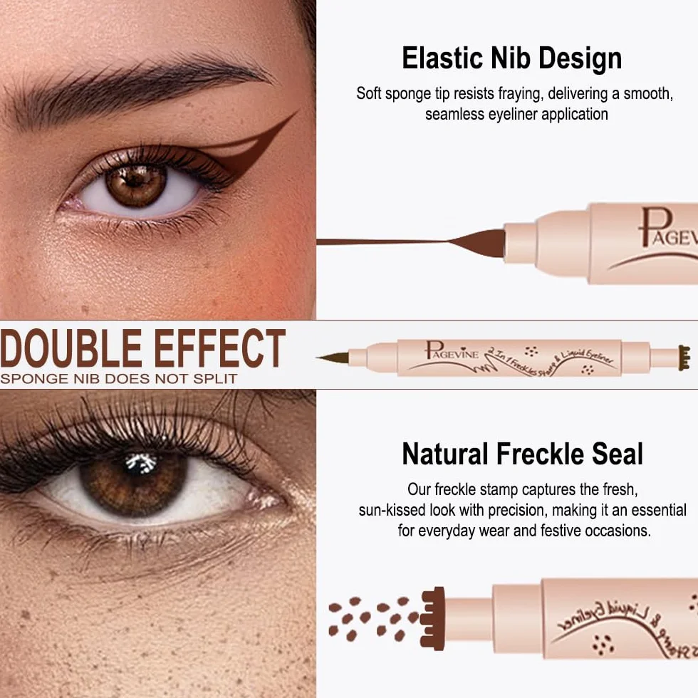 2 in 1 Freckle Maker e Eyeliner, Penna per Lentiggini Finte con 6 Punti Irregolari Naturali, Punta Spugna Antisfilamento, Waterproof e 24H, Ideale per Makeup Quotidiano e Festival - 3.0 Scuro