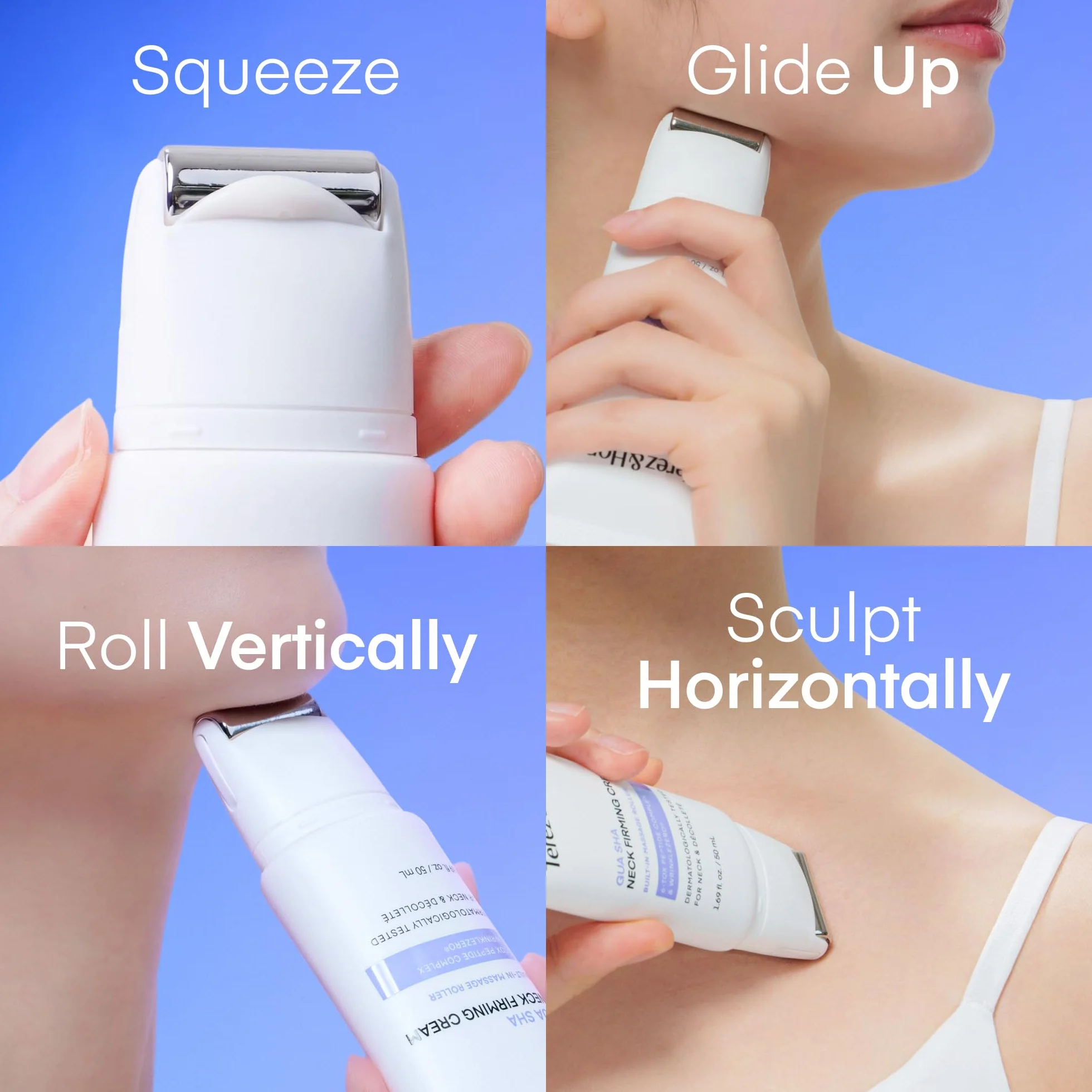 TEREZ & HONOR Gua Sha Neck Firming Cream: Korean Skin Care, Retinol, Collagen & GHK-CU Copper Peptide - Tightening & Lifting for Neck, Face & Décolleté with Built-In Massage Roller 50mL