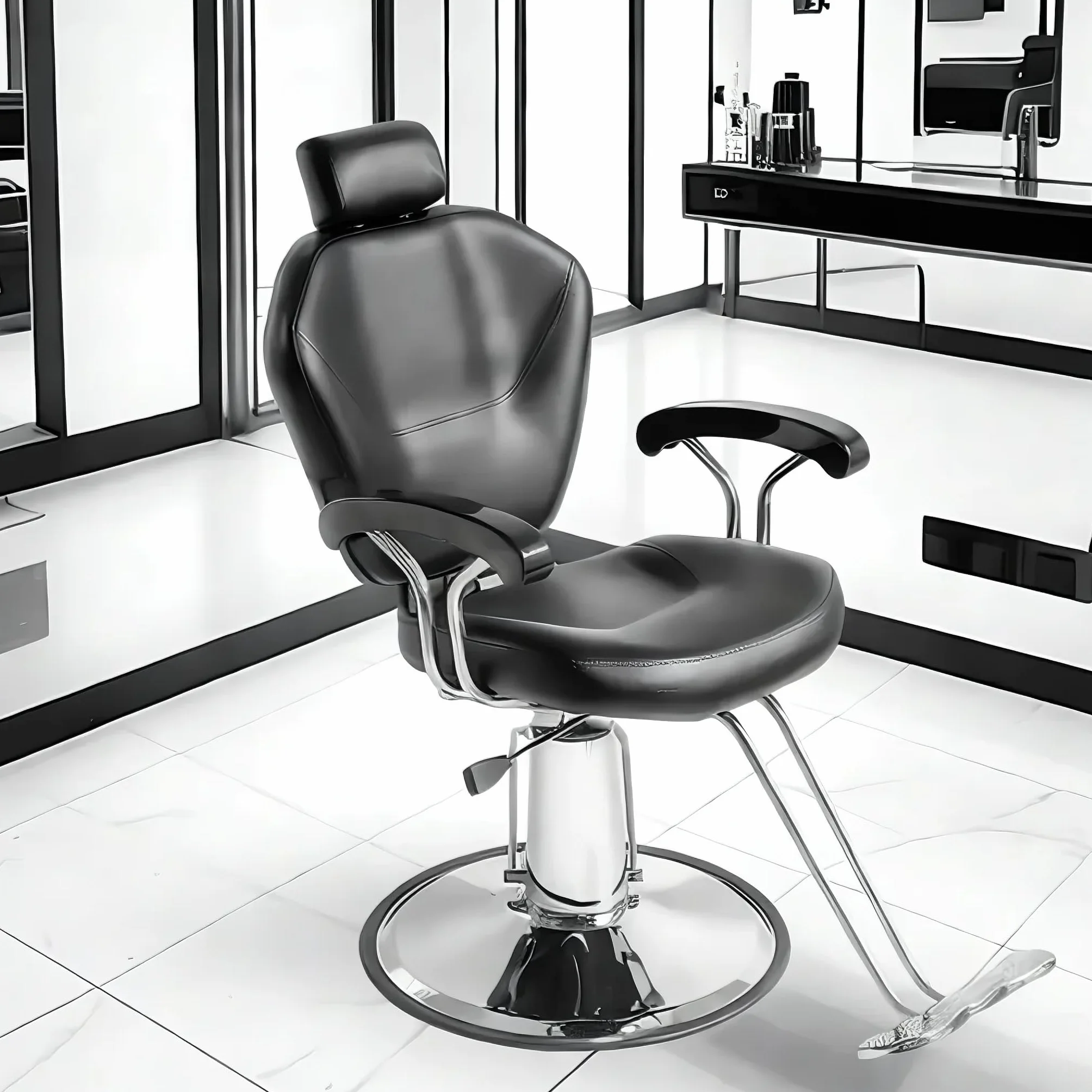 Sedia da Parrucchiere, Sedia da Barbiere Reclinabile Idraulica In Pelle PU a 360° Con Poggiapiedi Cromato per Salone Professionale E Casa, 90 x 65 x 100 cm, Nero