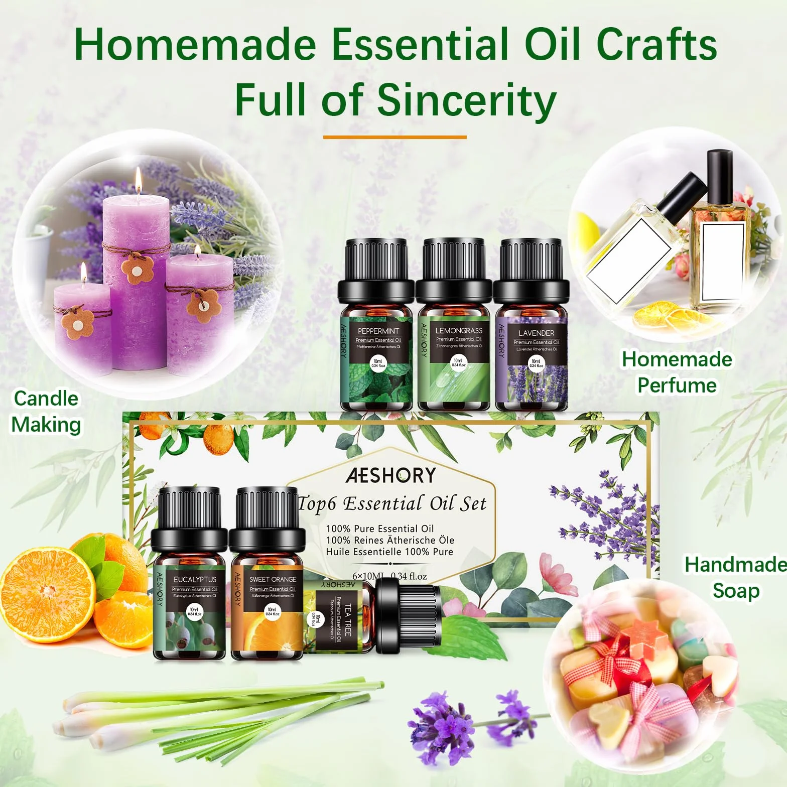 AESHORY Set Oli Essenziali 6x10ML Puri Naturali Aromaterapia Lavanda Tea Tree Menta Piperita Eucalipto Arancia Dolce