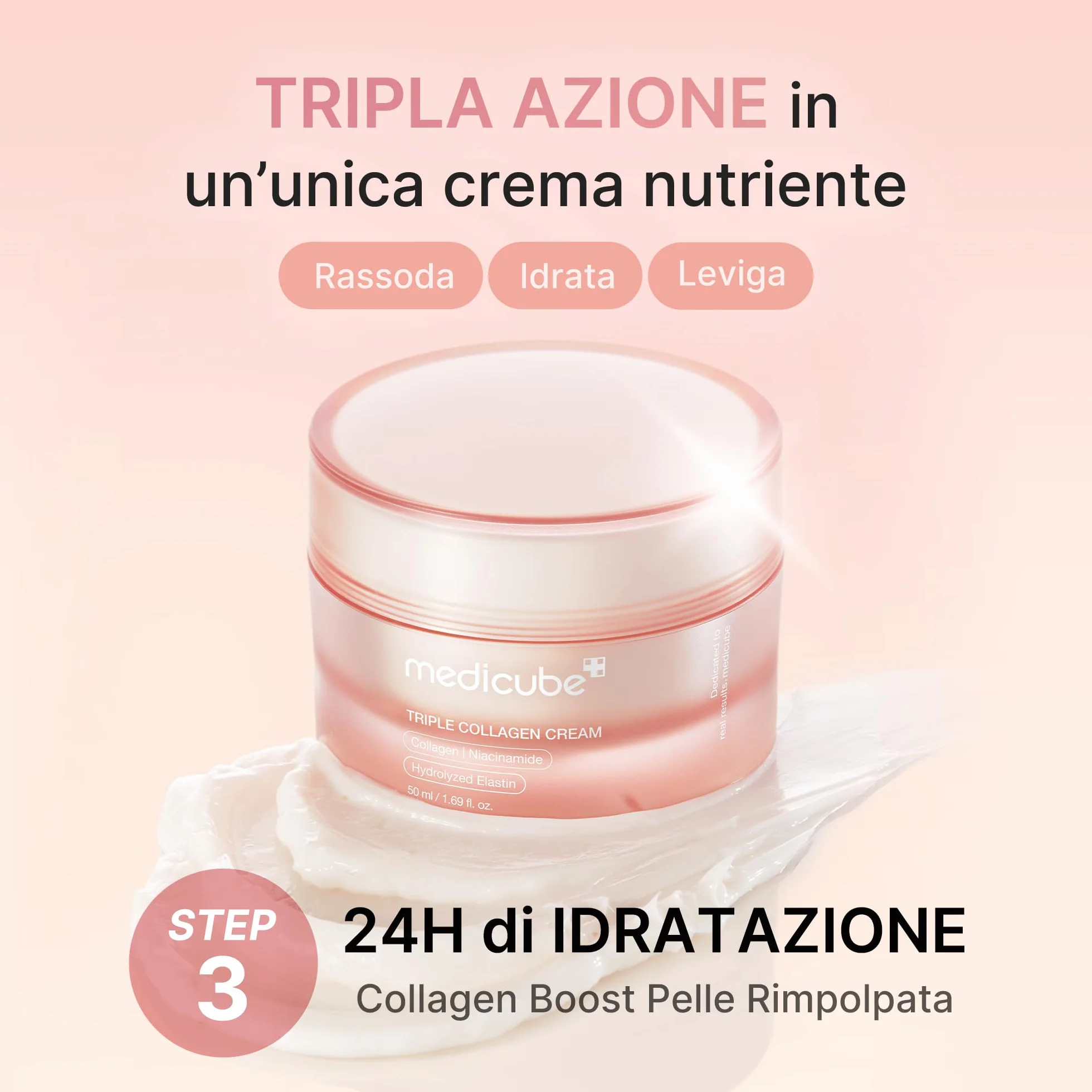 medicube Triple Collagen Cream - Crema Viso Collagene contro i segni del tempo, Pelle Idratata per 24h, Effetto Rassodante e Idratante, con Acido Ialuronico - Skincare Coreana, 50 ml