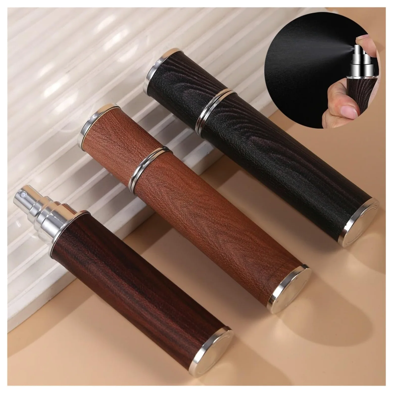 Flacone di profumo in pelle Atomizzatore di profumo in pelle con venature del legno da 10 ml