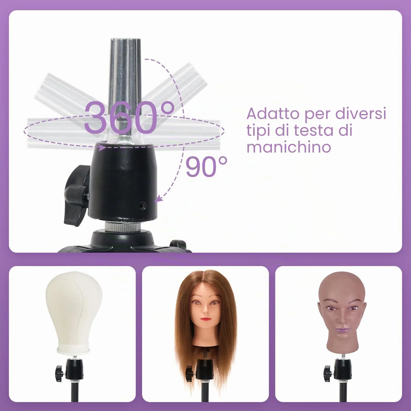 Supporto per parrucca da 52" (132cm), con base antiscivolo, supporto per parrucca regolabile ad alta resistenza, con ganci, per manicomio, con set di pin, per parrucca, pettine per capelli