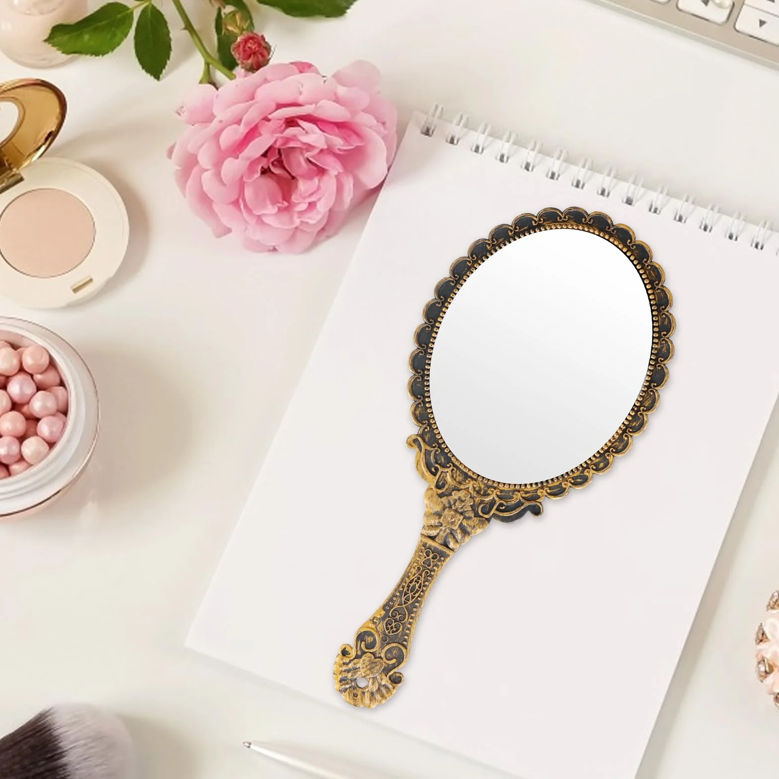 Amexo Specchio Portatile Vintage a Mano, Mini Specchio Ellittico Compatto per Capelli e Trucco, Ragazze e Donne (Bronzo)