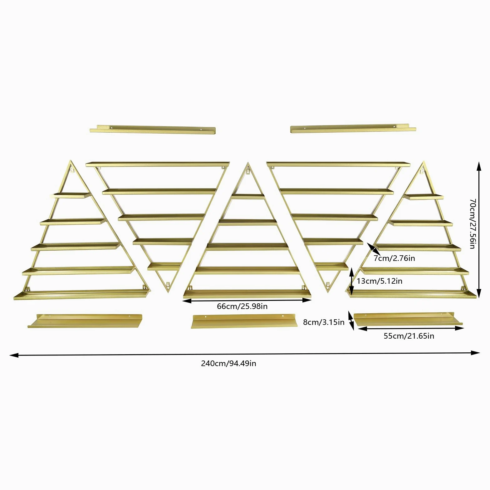 5 Set di 5 scaffali per smalto a triangoli in metallo, organizer da parete con 5 livelli, scaffale per smalto per unghie, profumo, rossetto, oli essenziali, oro