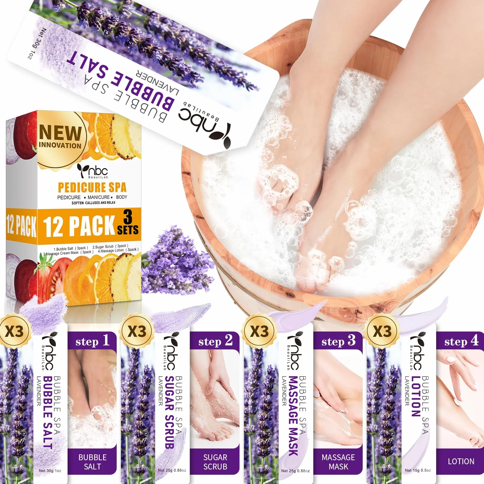 Set per bagnare i piedi: sale da bolla, scrub allo zucchero, maschera per massaggio, lozione per massaggi in una scatola, kit spa per piedi asciutti a 4 fasi, ammorbidisce calli, piedi
