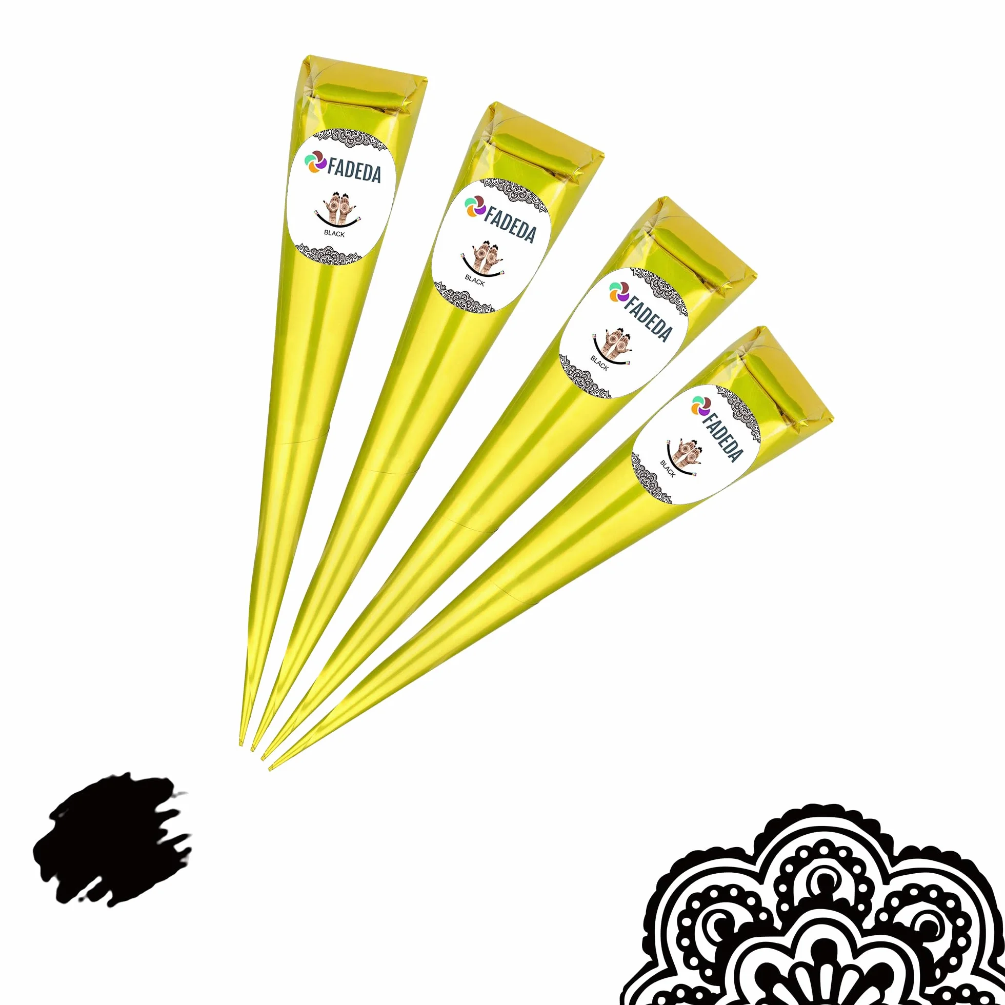 FADEDA - 4 coni di henné, 4 confezioni da 25 g di pasta naturale, nero, 100% vegetali, pronti all'uso e senza PPD, vegani, biologici, halal, mehandi