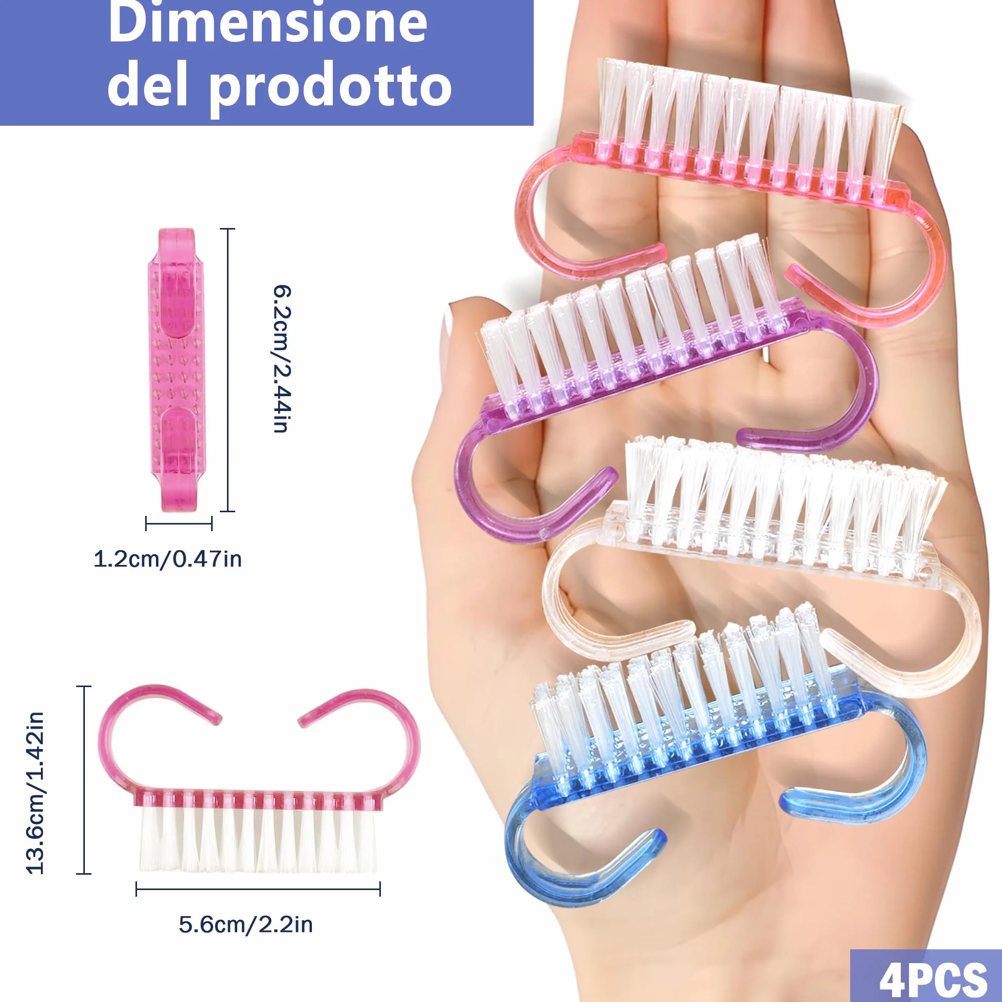 Set 4 pezzi Spazzolino unghie mani con manico, Spazzola per unghie portatile