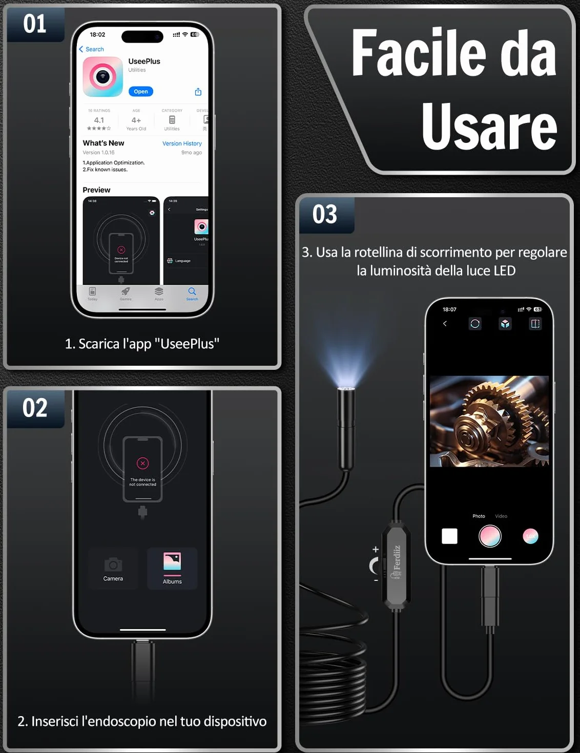 Endoscopio per Smartphone 1920P HD Sonda Telecamera Endoscopica con 8 LED IP67 Impermeabile 5m per Android iOS
