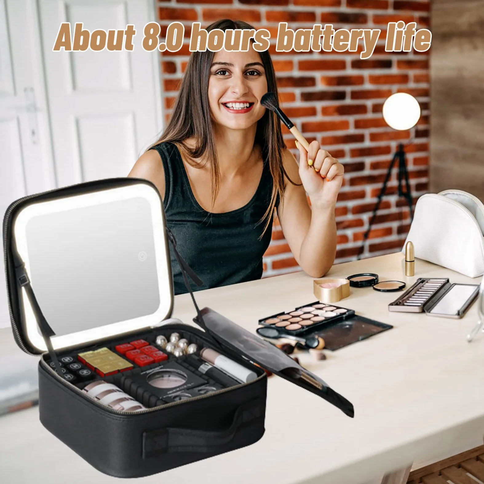 Borsa da trucco da viaggio, Organizer Per Cosmetici con grande specchio LED regolabile a 3 impostazioni con scomparti staccabile, Borsa da Toilette Impermeabile perfetto per viaggio/all'aperto