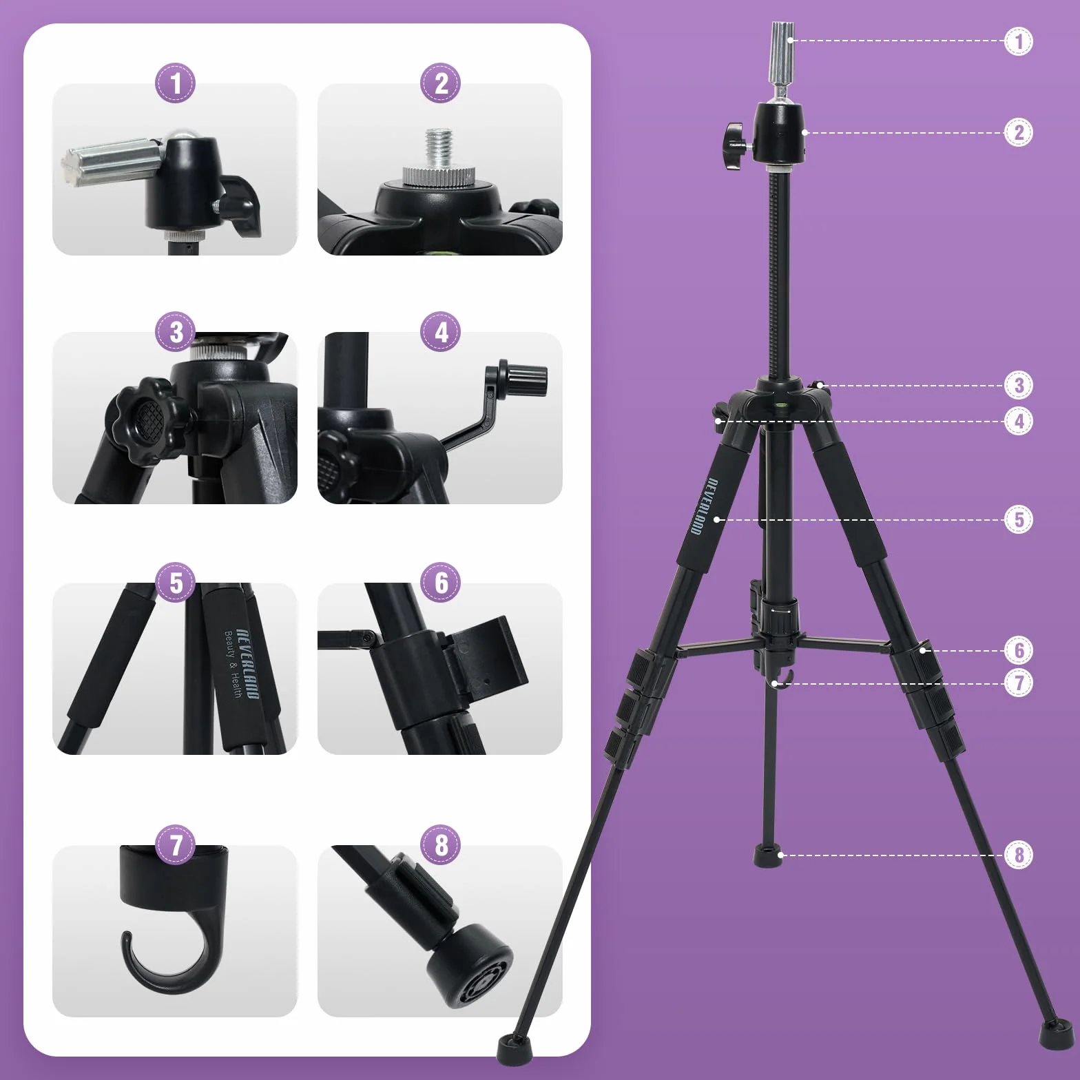 Supporto per parrucca da 52" (132cm), con base antiscivolo, supporto per parrucca regolabile ad alta resistenza, con ganci, per manicomio, con set di pin, per parrucca, pettine per capelli