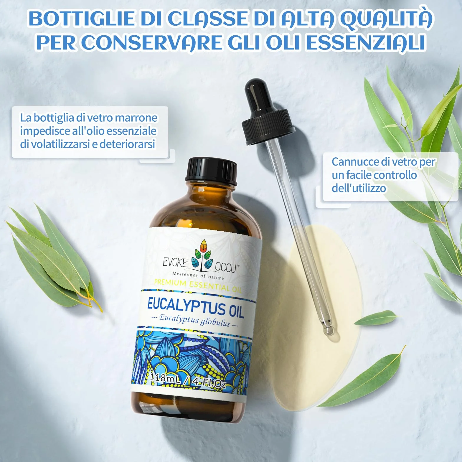 EVOKE OCCU Olio Essenziale Eucalipto 118ml Puro per Aromaterapia e Cura della Pelle