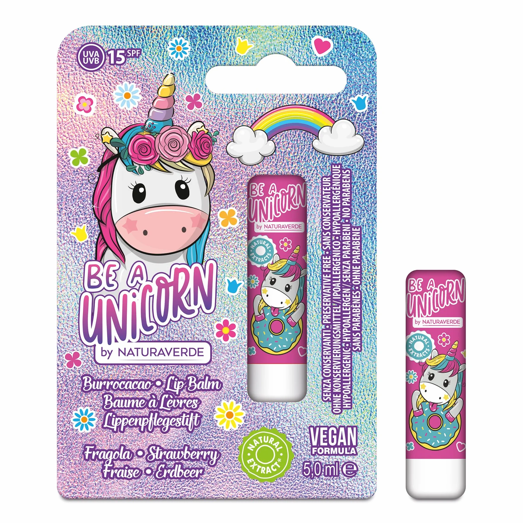 NATURAVERDE Kids -BE A UNICORN Burrocacao Fragola 5ml, Idratante e Protettivo, SPF 15, Ipoallergenico