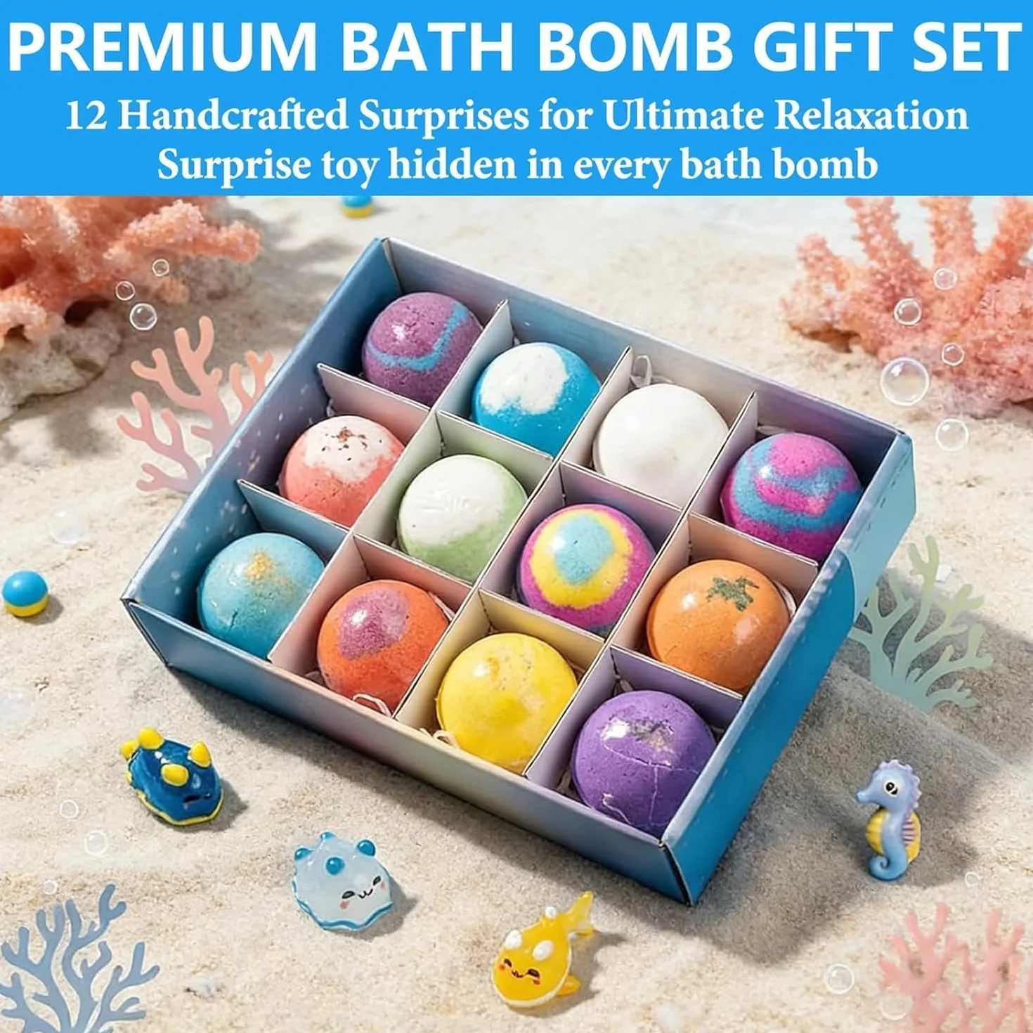 STOAT Bombe da Bagno Bambini con Sorpresa, 12Pz Scatola Regalo con Giocattoli, Naturali Bio, Schiuma Bagno Delicata per Ragazzi