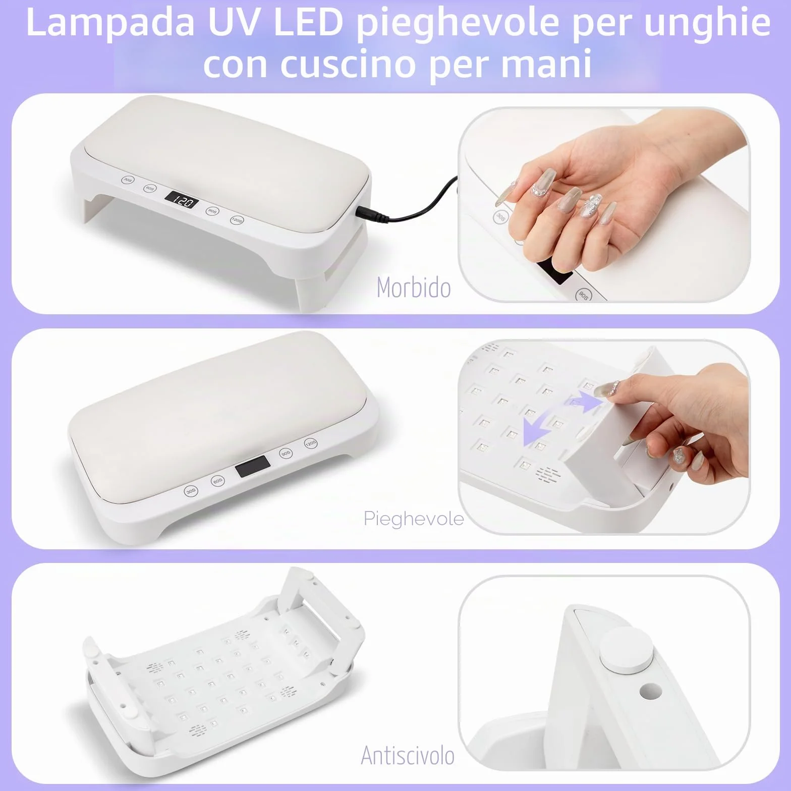 Lampada UV per Unghie con Bracciolo e Guanti UV: Professionale LED Lampada per Unghie, 4 Timer Asciugatrice Pieghevole con Poggiamano per Unghie Smalto Gel per Casa e in Salone, Bianco