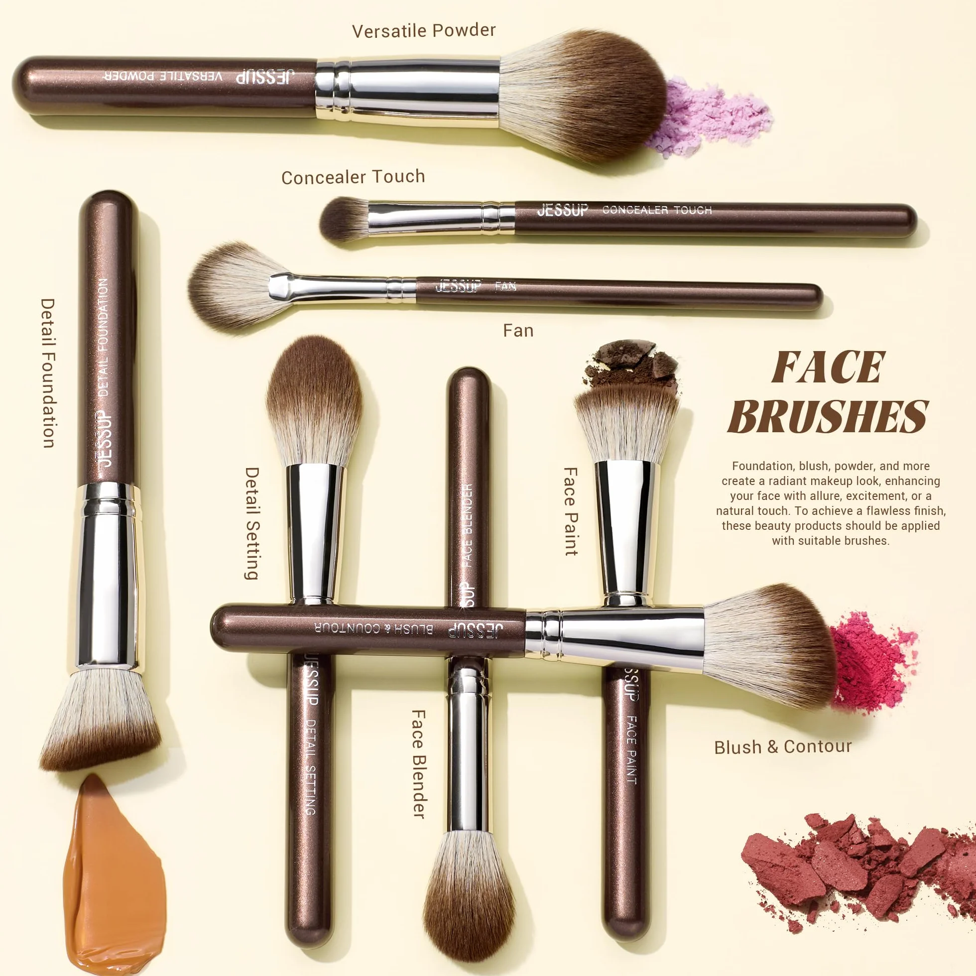 Jessup Pennelli Make Up Set pennelli trucco professionali 25 pezzi sintetici alta qualità fondotinta Ombretto Sfumatura Correttore Fard Contorno Terra Abbronzante Eyeliner Marrone brillante T511