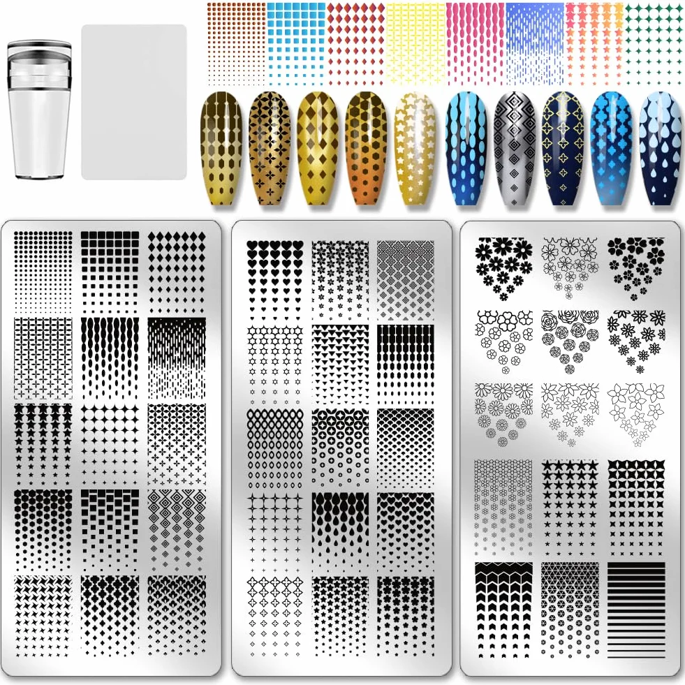PH PandaHall 3 piastre per stamping unghie con gradienti classici, croce cuore, stella, fiore, nail art, geometria, fai da te, stencil per stamping, stencil per donne, manicure, forniture per saloni