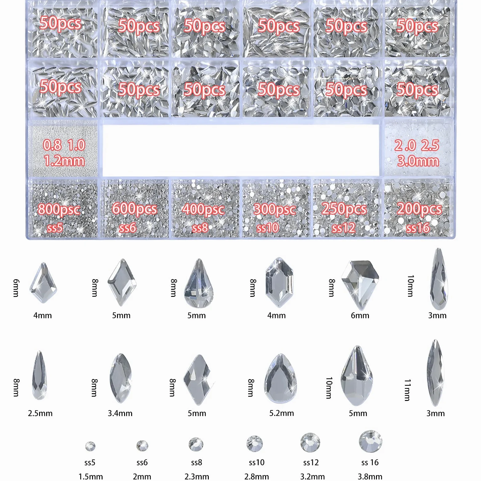 Strass bianchi per unghie, gemme 3D di varie forme, perline per manicure, perle, strass con retro piatto, con kit, per decorazione nail art