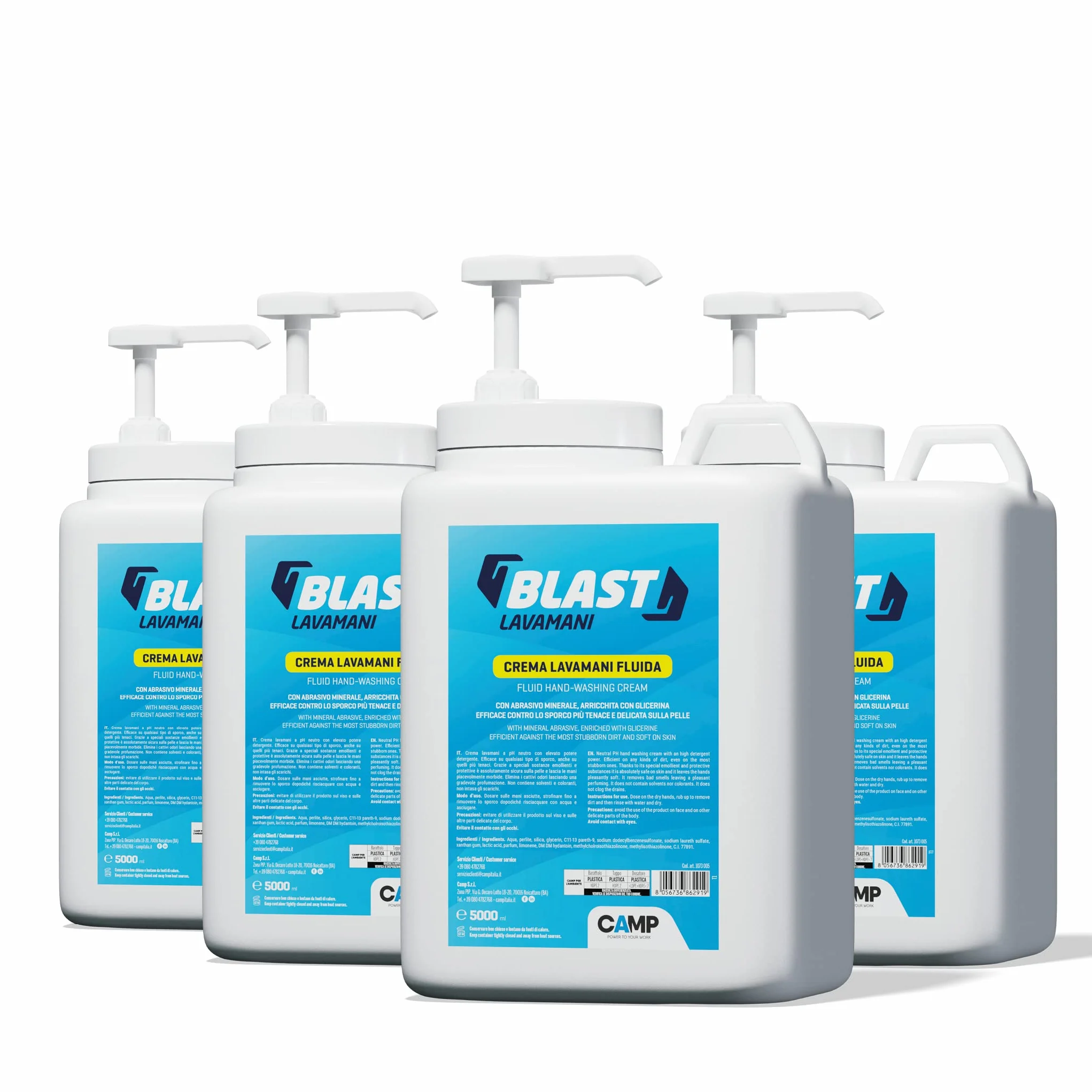 CAMP Blast Crema Lavamani Fluida Detergente Sgrassante Pasta con Abrasivi Naturali 4x5l Made in Italy