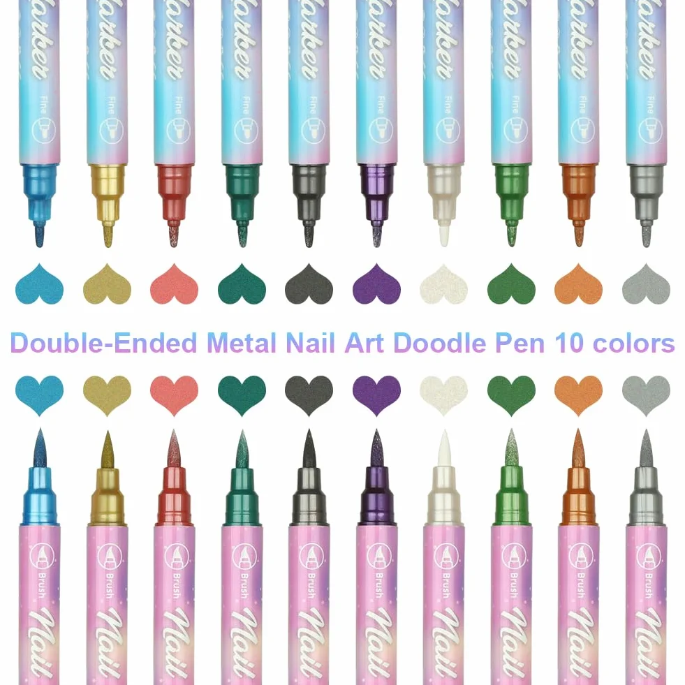 AOOWU Penne per Nail Art, 10 Penne Smalto per Unghie Nail Art, Smalto in Penna per Pittura Decorazioni Unghie per Disegno, Penna per Fai Da te Graffiti Pen Manicure Strumenti Bellezza（Bicefalo）