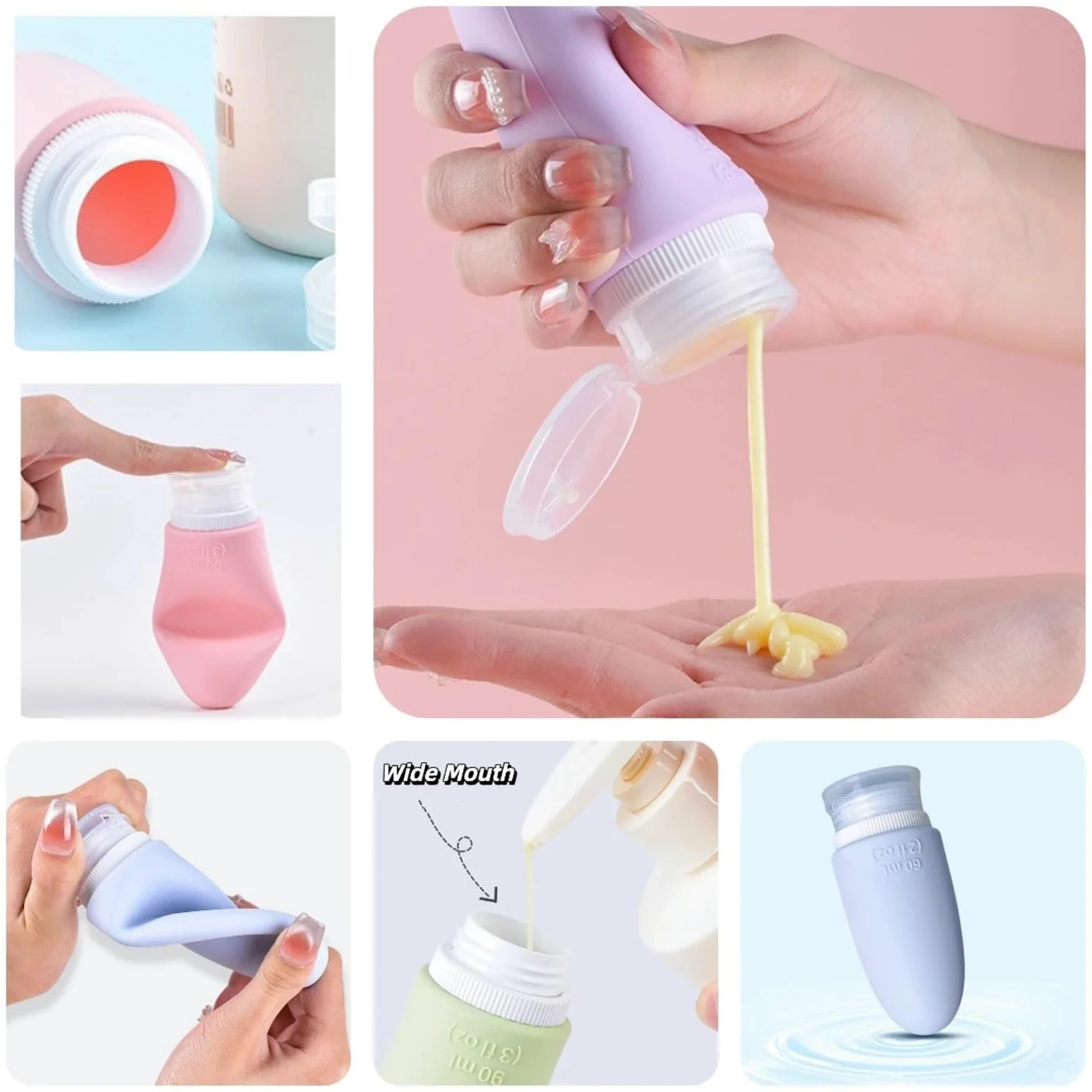 Set di bottiglie da viaggio 8 pezzi Per Shampoo, Lozione | Silicone comprimibile a prova di perdite for articoli da toeletta, viaggio ricaricabile for balsamo(Blue,60ml)