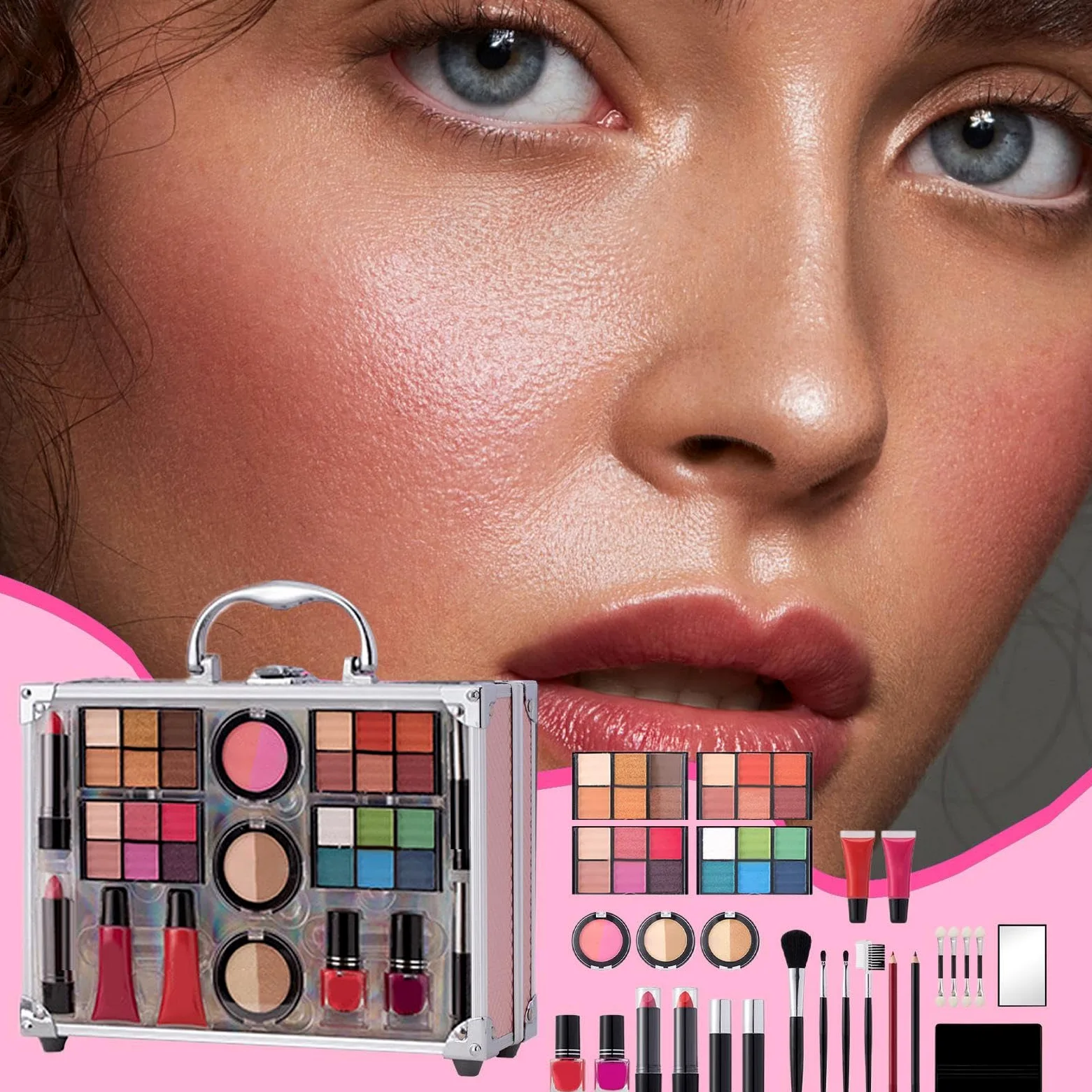 Kit Trucco con Custodia Di lunga durata resistente all'acqua resistente | kit di trucco per principianti per Casa Vacanze Ufficio Viaggi Lavoro Palcoscenico Eventi Feste Uscite