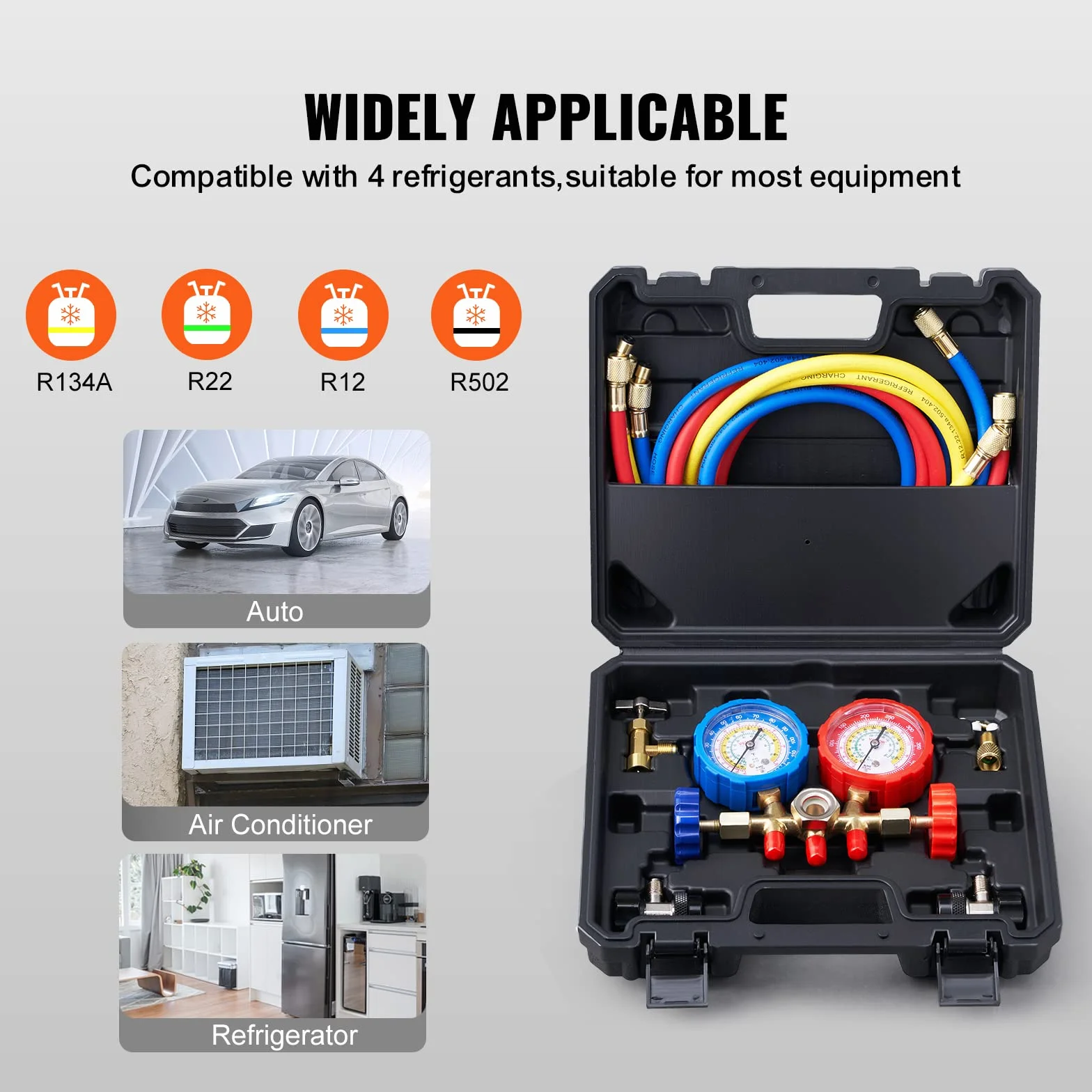 VEVOR Set Manometro Refrigeranti 3 Vie R134A R22 R12 R502 Aria Condizionata Auto AC Collettore Valigetta 28,4 x 25 x 8,9 cm