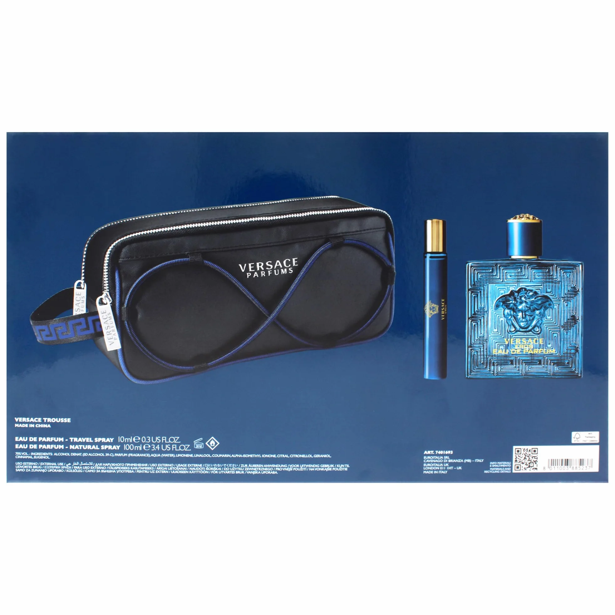 Versace Eros Eau de Parfum set regalo 2025-100 ml EDP, spray da viaggio e borsa per articoli da toeletta